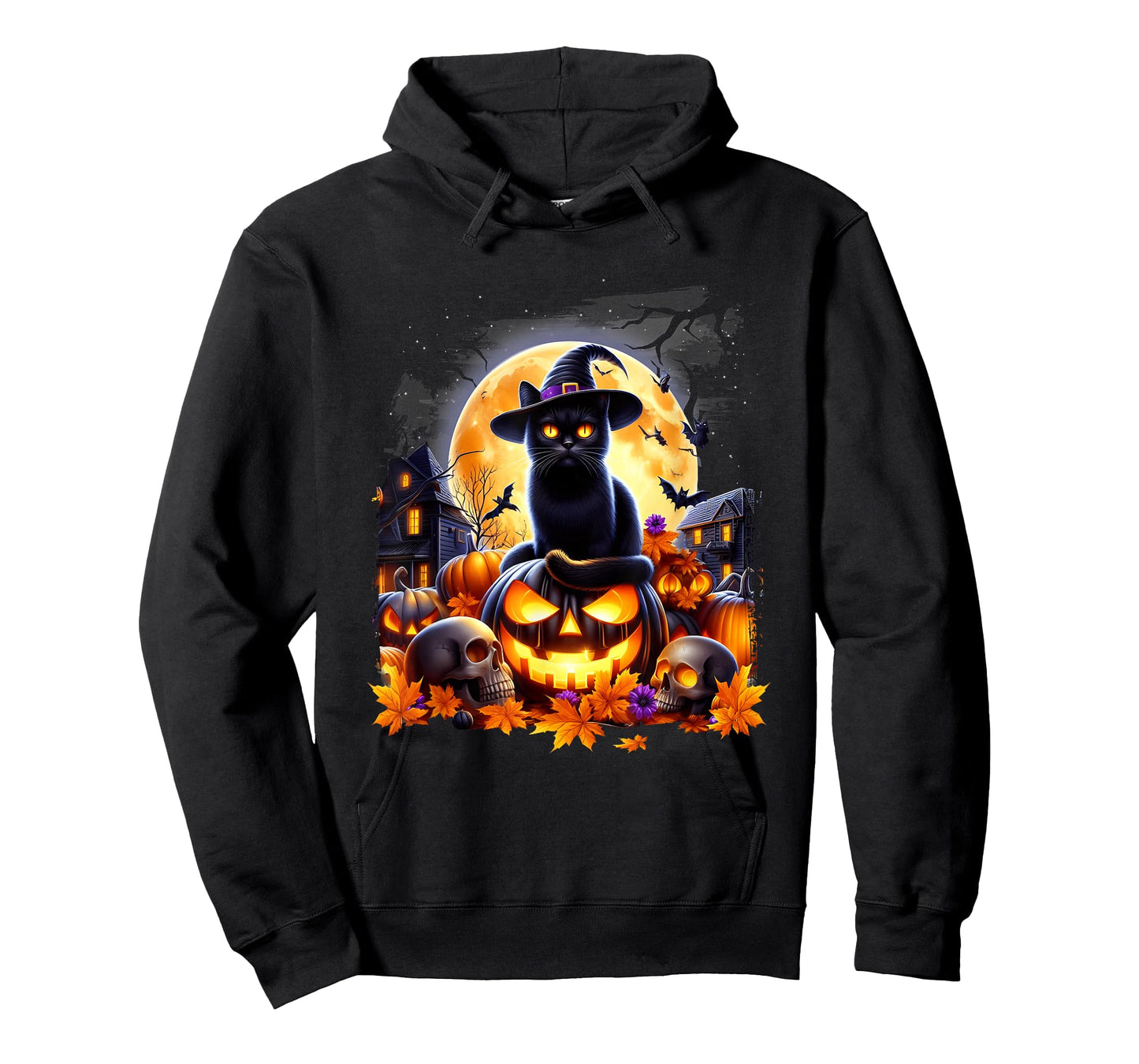 Halloween Black Cat Pumpkins Skulls HauntedHouse Under Moon T-Shirt