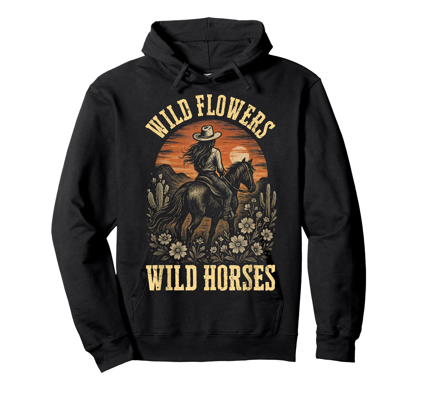 Retro Southern Sunset Wild Cowgirl Flowers - Wild Horses T-Shirt