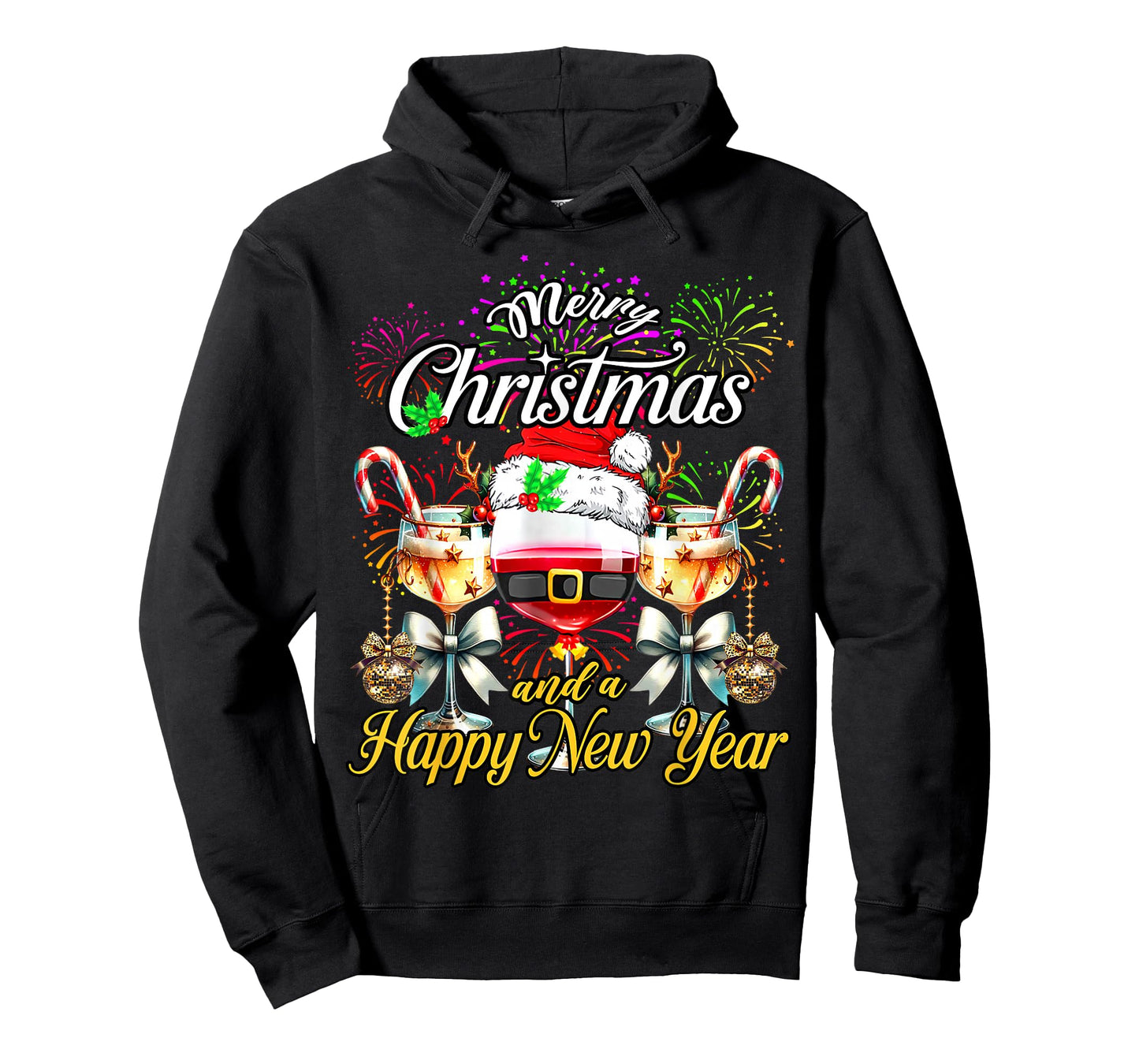 Merry Christmas and A Happy New Year Firework Wine Glasses T-Shirt