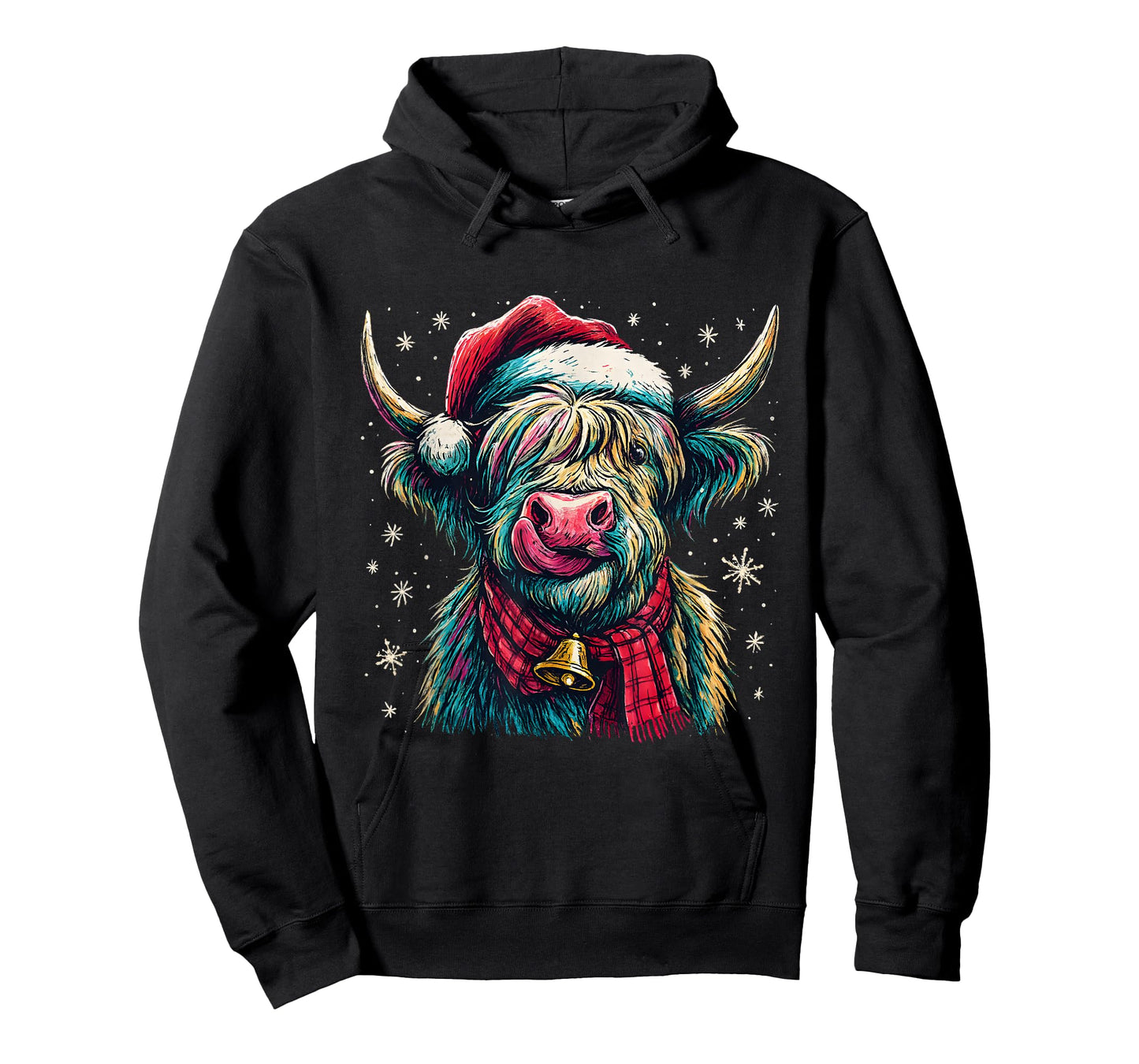 Highland Cow Christmas Santa Hat Plaid Bell Holiday Art T-Shirt
