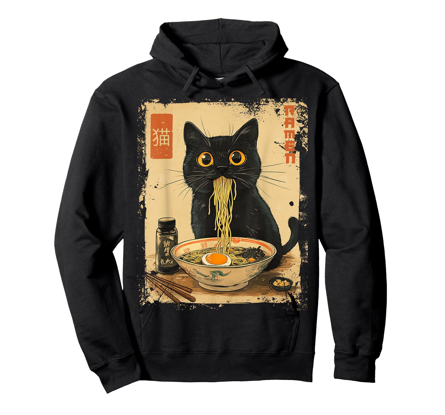 Dirhame Funny Japanese Cat Ramen Anime Kawaii Cat Eating Ramen Noodles T-Shirt, Unisex-Adults, Anime Fans, Girls, Young Females, Black, Small, Short Sleeve, T-Shirt