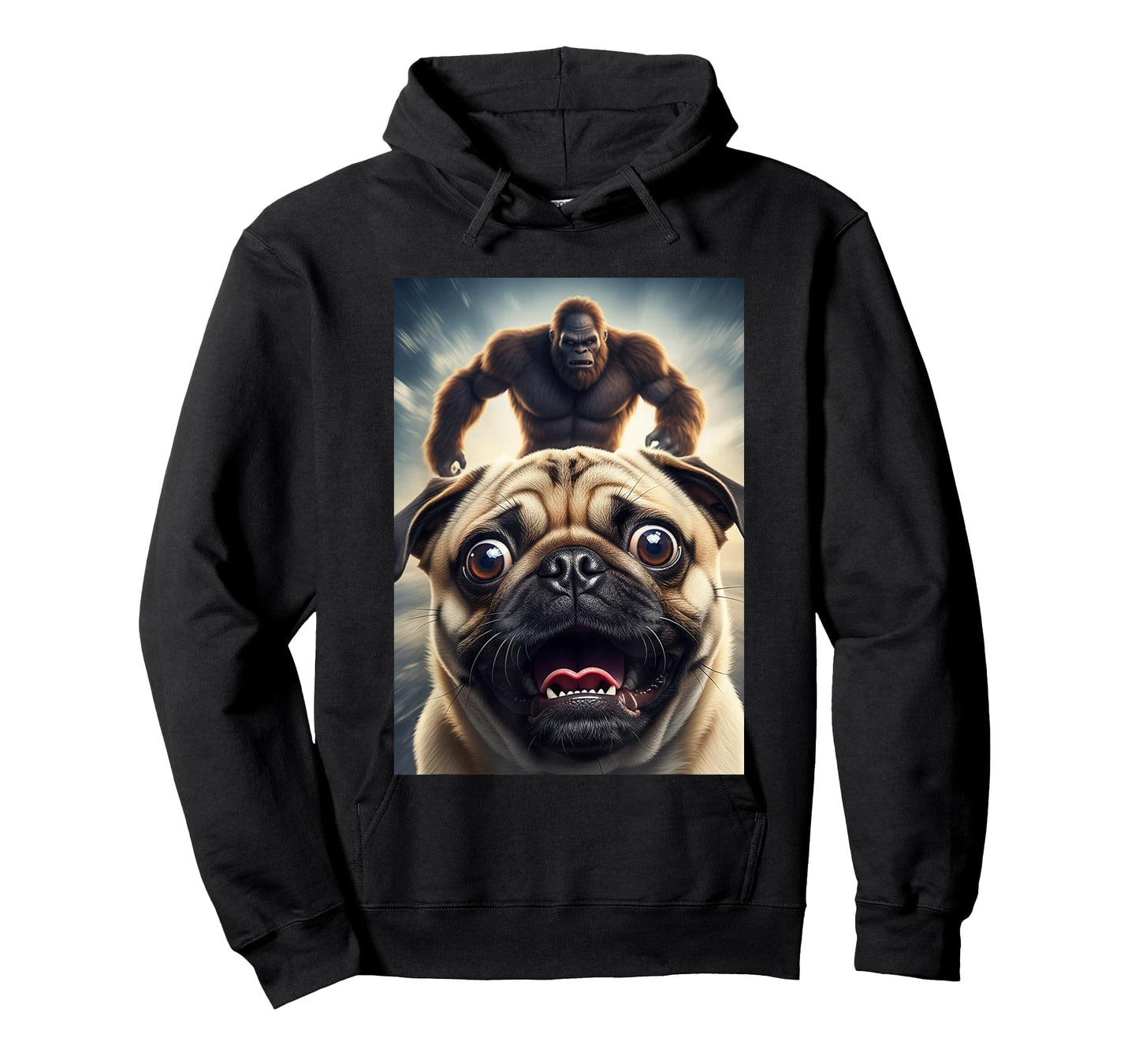 Funny Scared Pug Dog Selfie with Bigfoot Women Men Kids T-Shirt