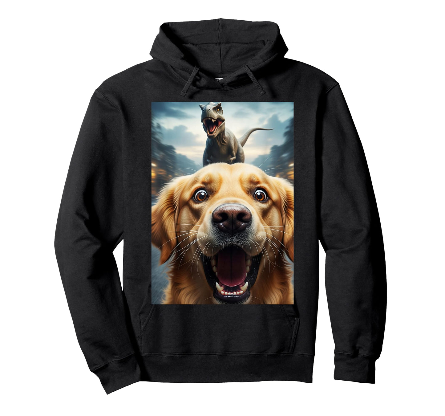 Funny Golden Retriever Dog Selfie with T-Rex Women Men Kids T-Shirt