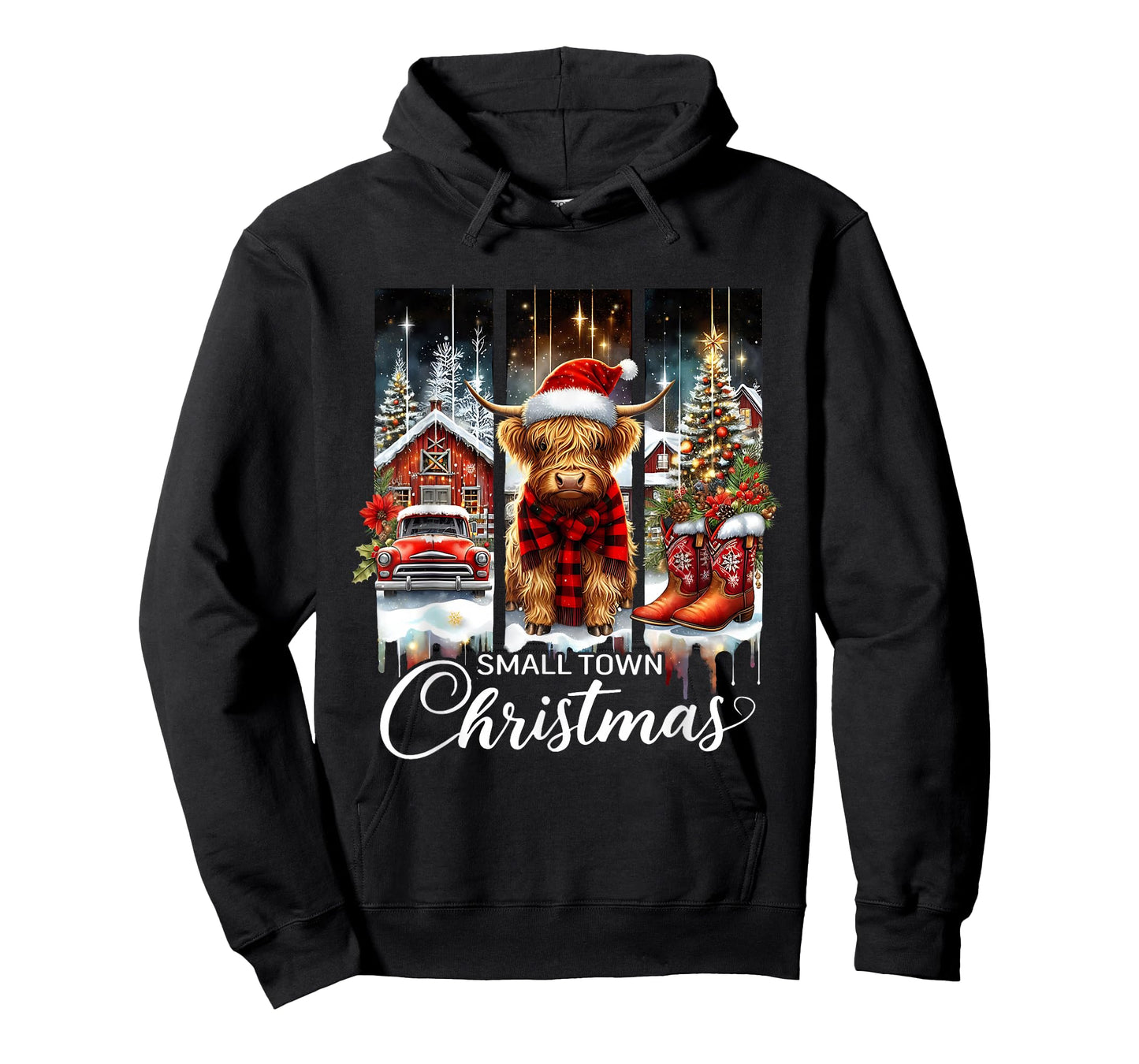 Small Town Christmas Highland Cow Western Art T-Shirt