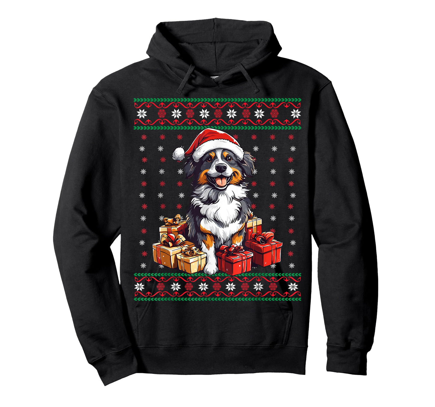 Aussie Santa Hat Xmas Australian Shepherd Ugly Christmas T-Shirt