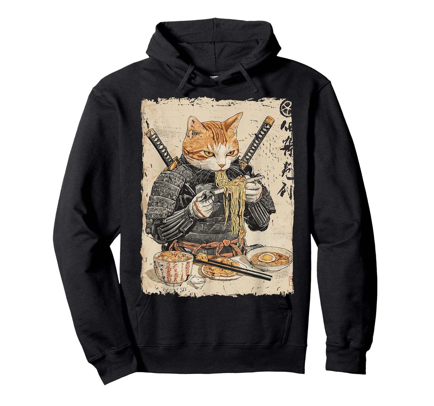 Samurai Cat Loves Ramen Funny Anime Japanese Artwork Samurai T-Shirt
