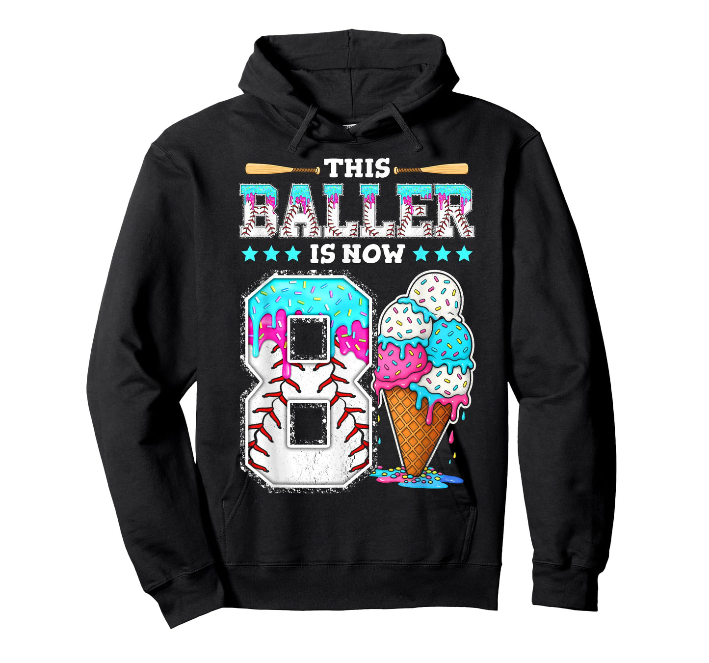 Baller Is Now 8 Year Ice Cream Drip 8th Birthday Baseball T-Shirt