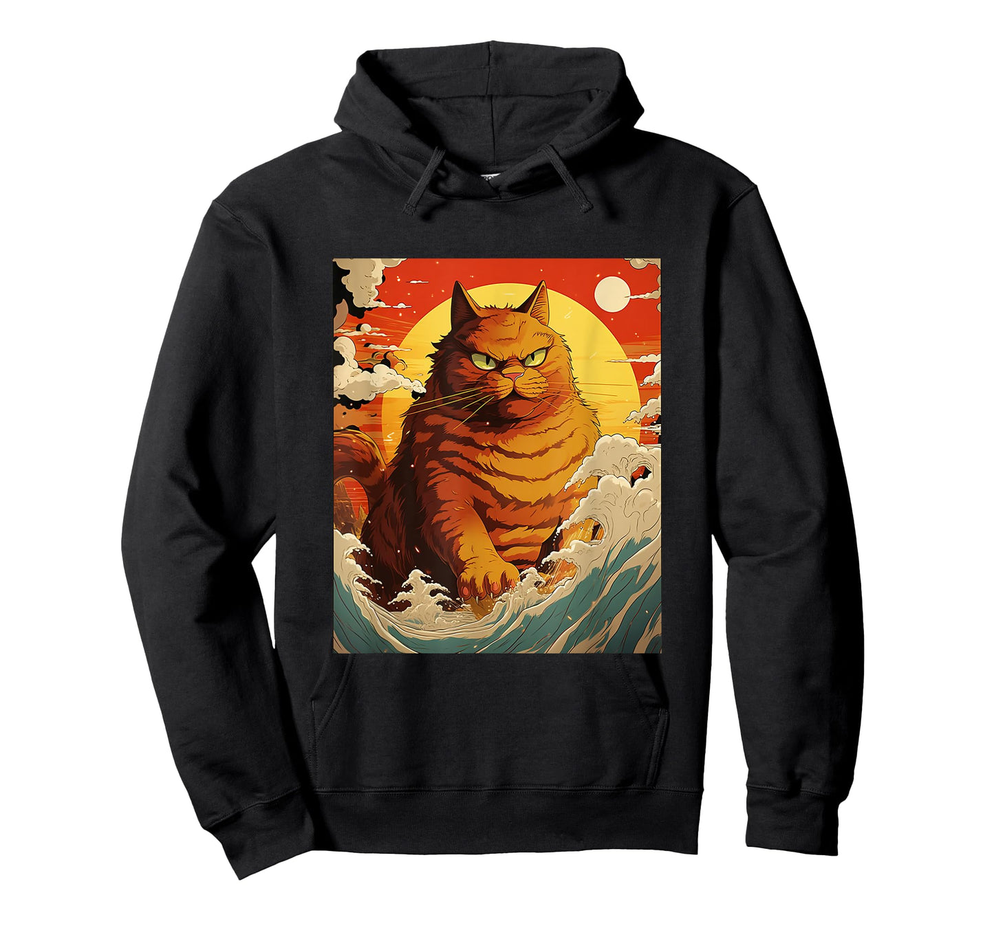 Catzilla Vintage Funny Cute Cat Art Japanese Sunset Waves T-Shirt for Men Women