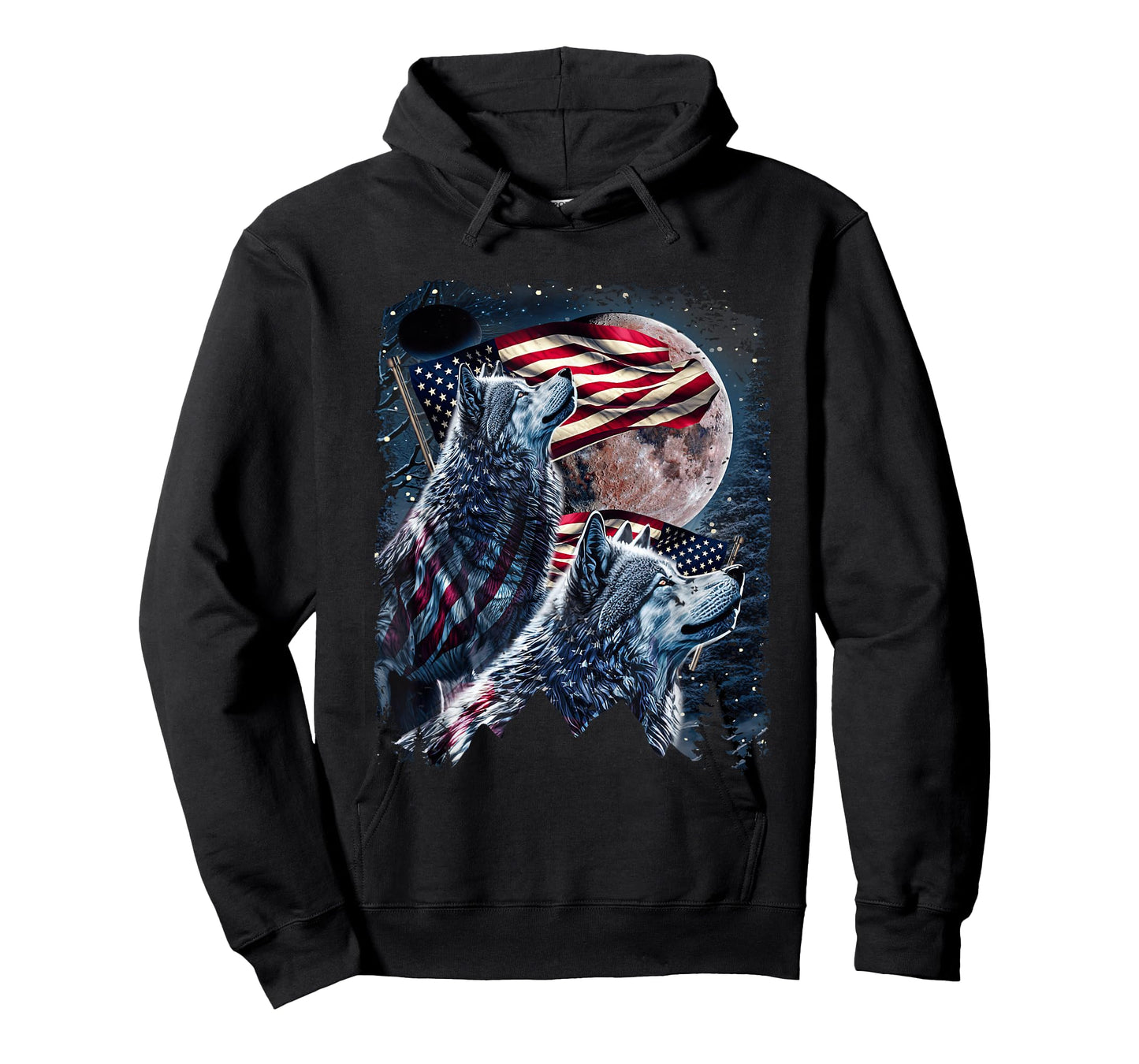 Wolf 4th of July American Flag Howling Wolves Under Moon T-Shirt
