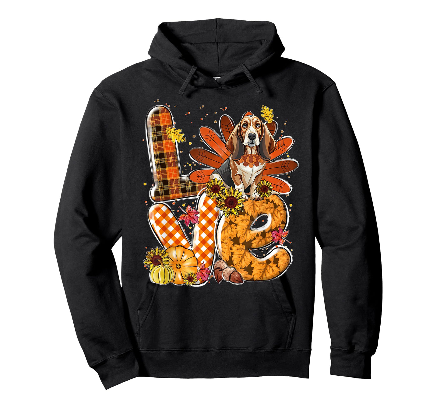 LOVE Thanksgiving Cute Basset Hound turkey Pumpkin Fall T-Shirt