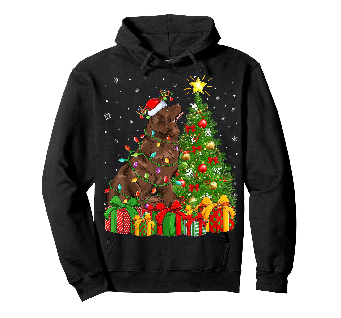 Xmas Tree Lighting Santa Newfoundland Dog Christmas Men Women Kids T-Shirt