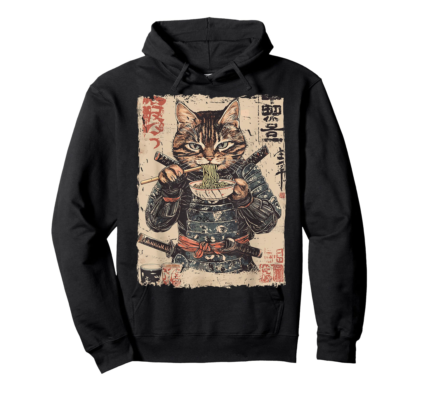Samurai Cat Loves Ramen Funny Anime Japanese Artwork Samurai T-Shirt