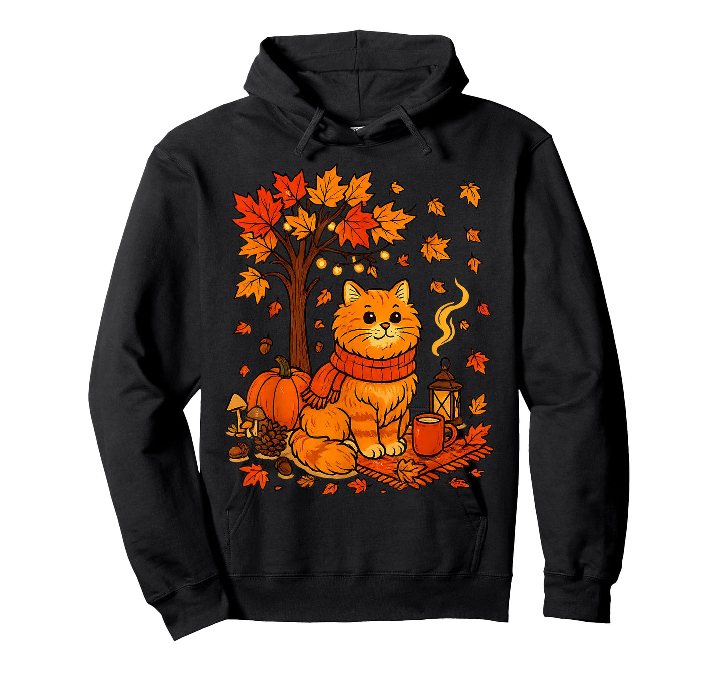 Autumn Cat Scarf Fall Vibes Falling Leave Tree Thanksgiving T-Shirt
