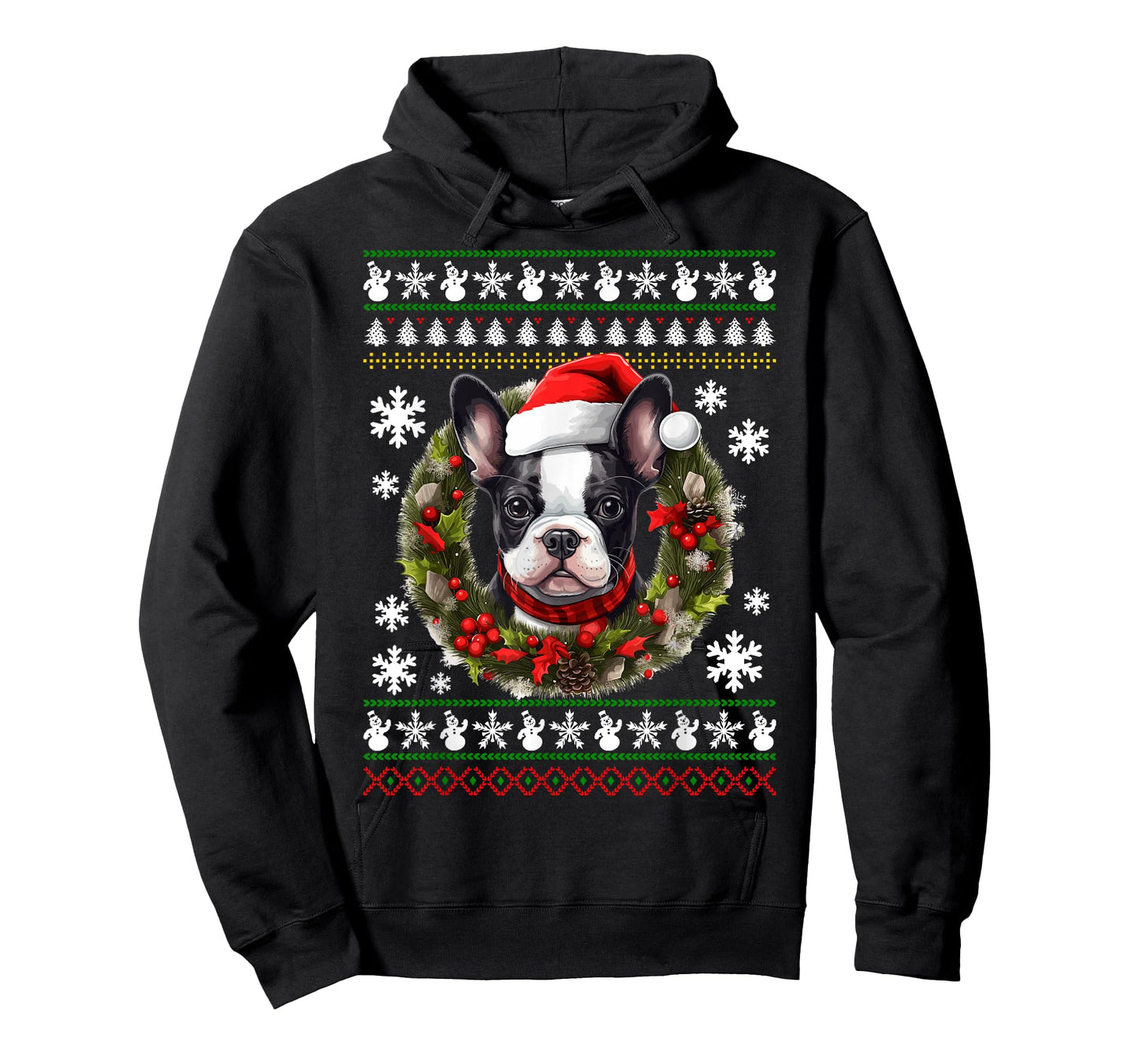 Boston Terrier With Santa Hat Ugly Christmas T-Shirt
