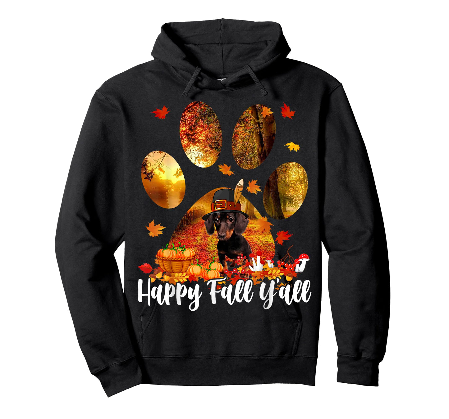 Happy Fall Y'all Thanksgiving Dachshund Pilgrim Dog Paw Fall T-Shirt