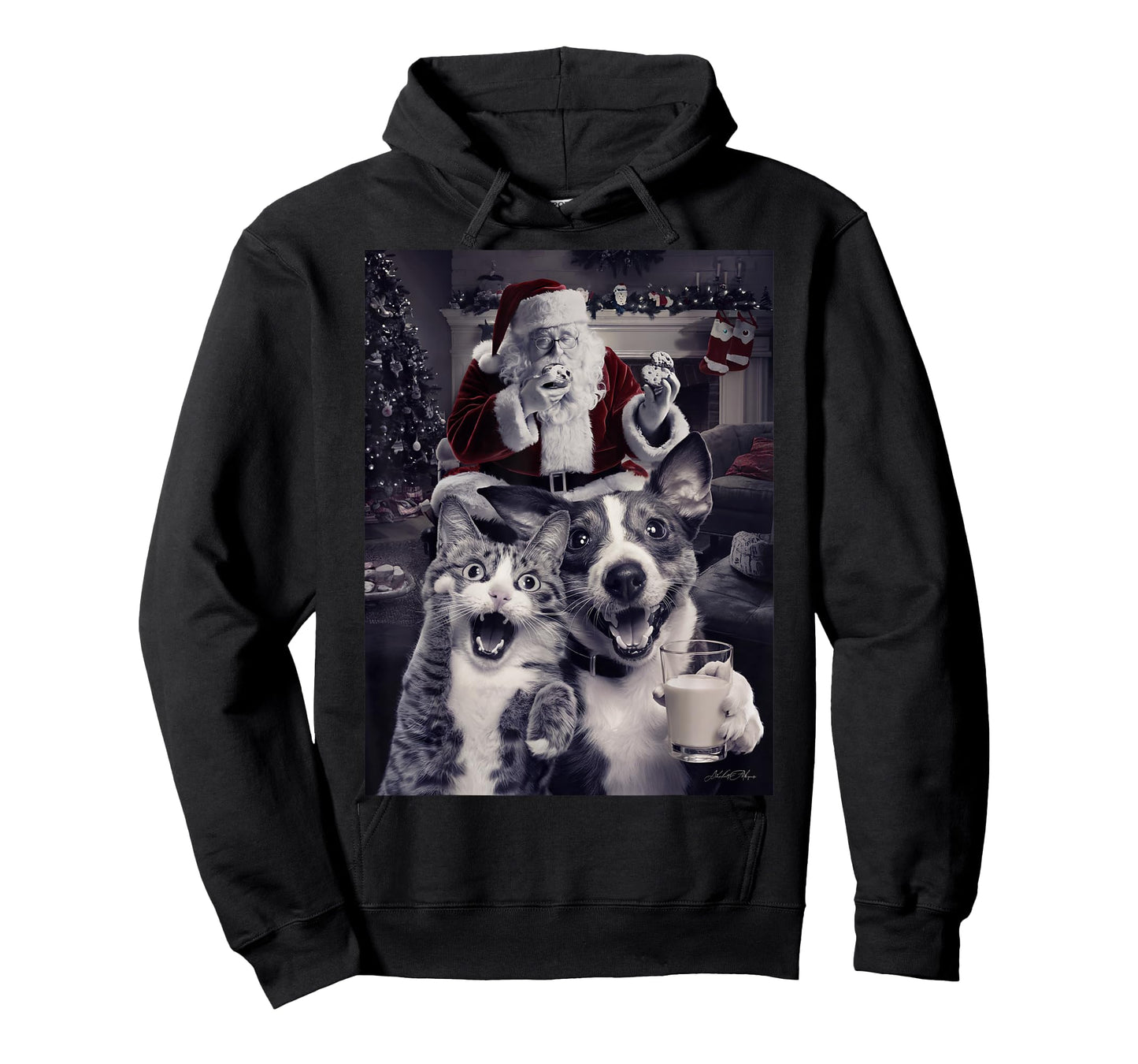 Funny Dog and Cat Selfie With Santa Christmas Men Women Girls Kids T-Shirt