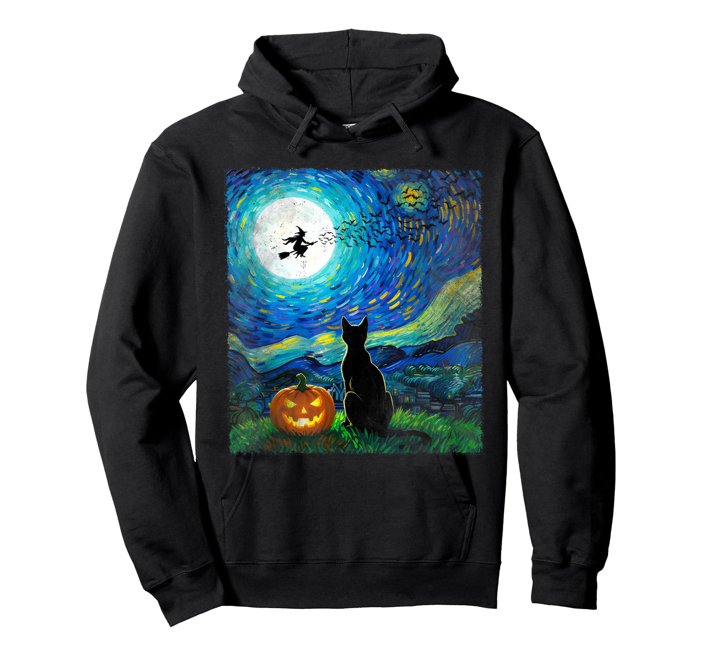 Halloween Black Cat Van Gogh Style Starry Moonlight Night T-Shirt