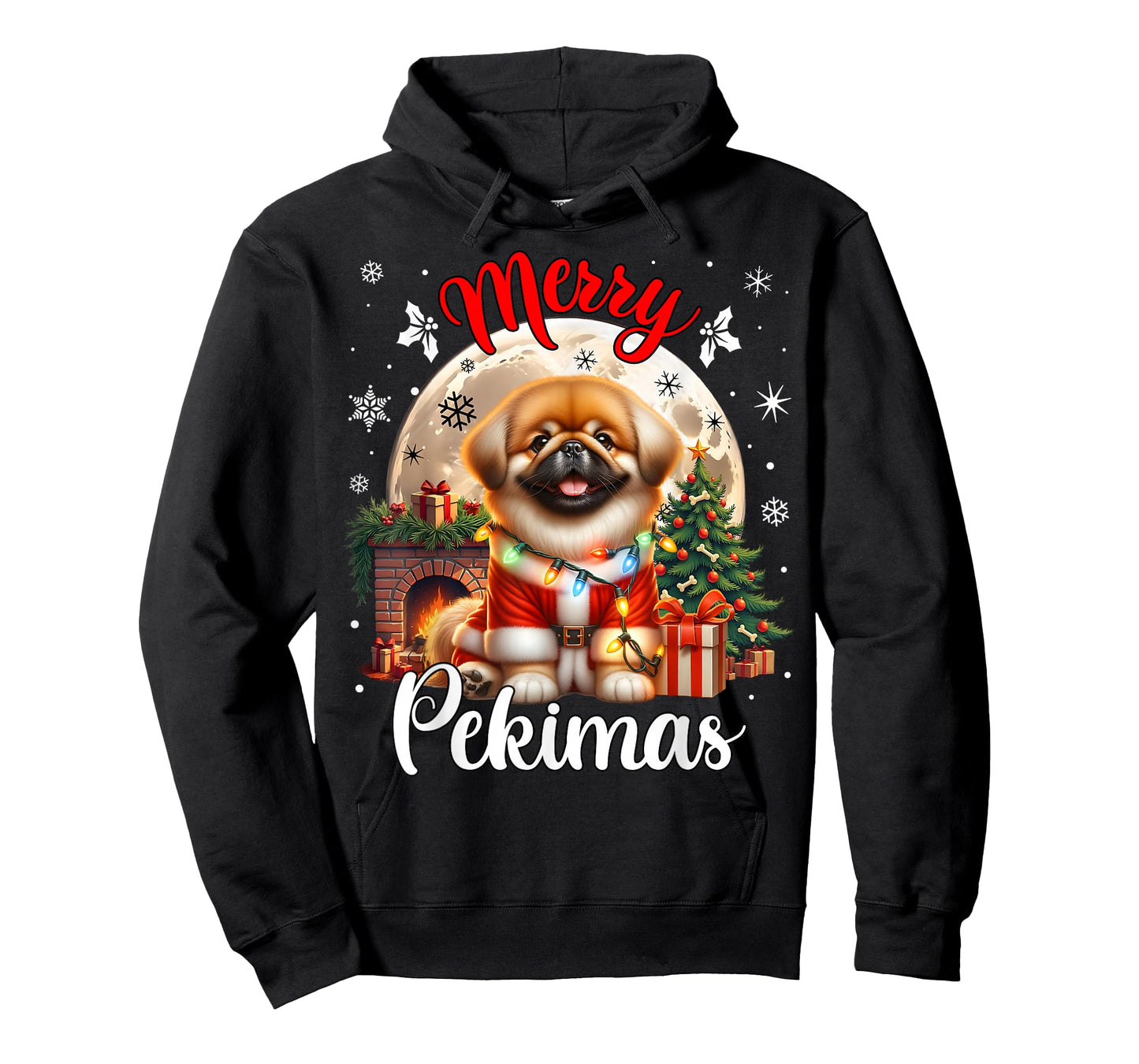 Merry Christmas Pekingese For Men & Women Unisex-Adults Black Small Cartoon Humor Modern Round Collar Straight Short Sleeve T-Shirt