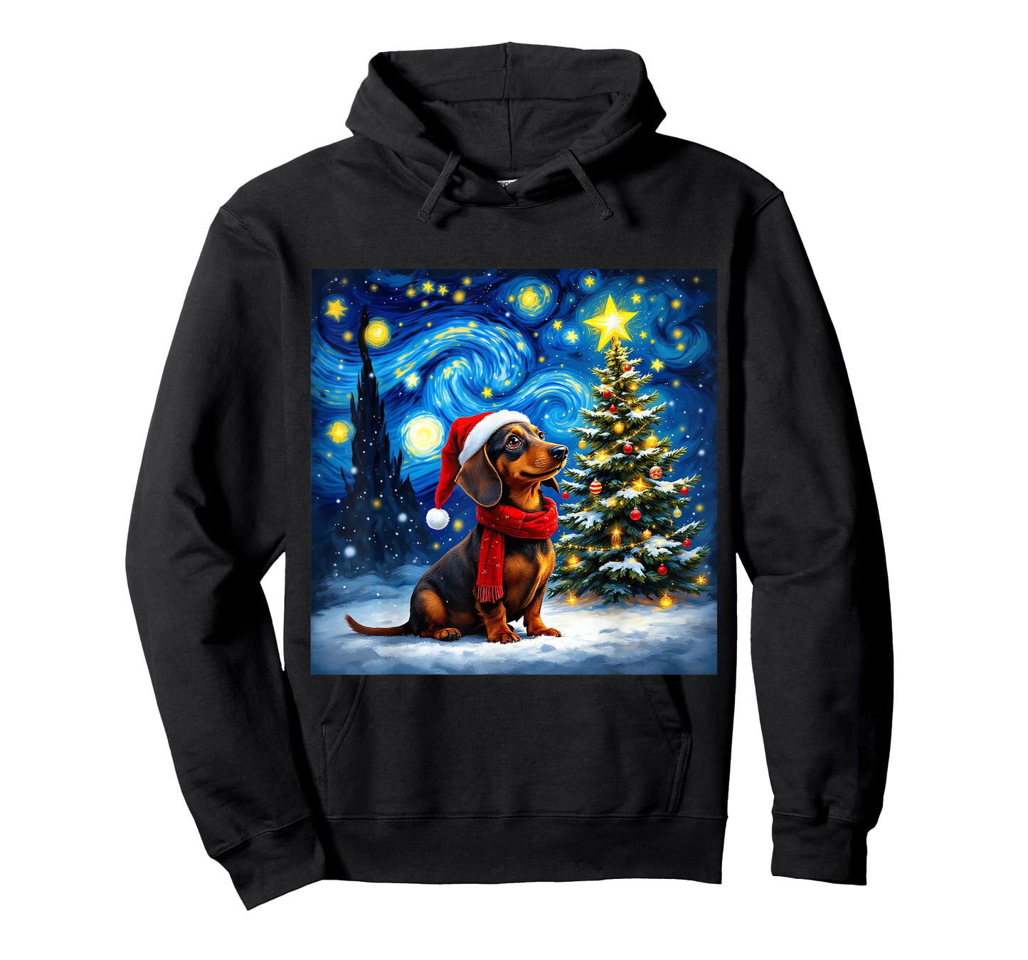 Dachshund Starry Night Christmas Van Gogh Dog Santa Hat T-Shirt