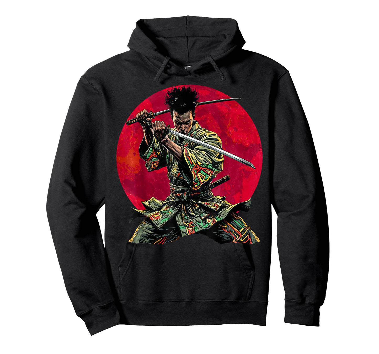 Afro American Samurai Warrior Katana Anime red moon T-Shirt