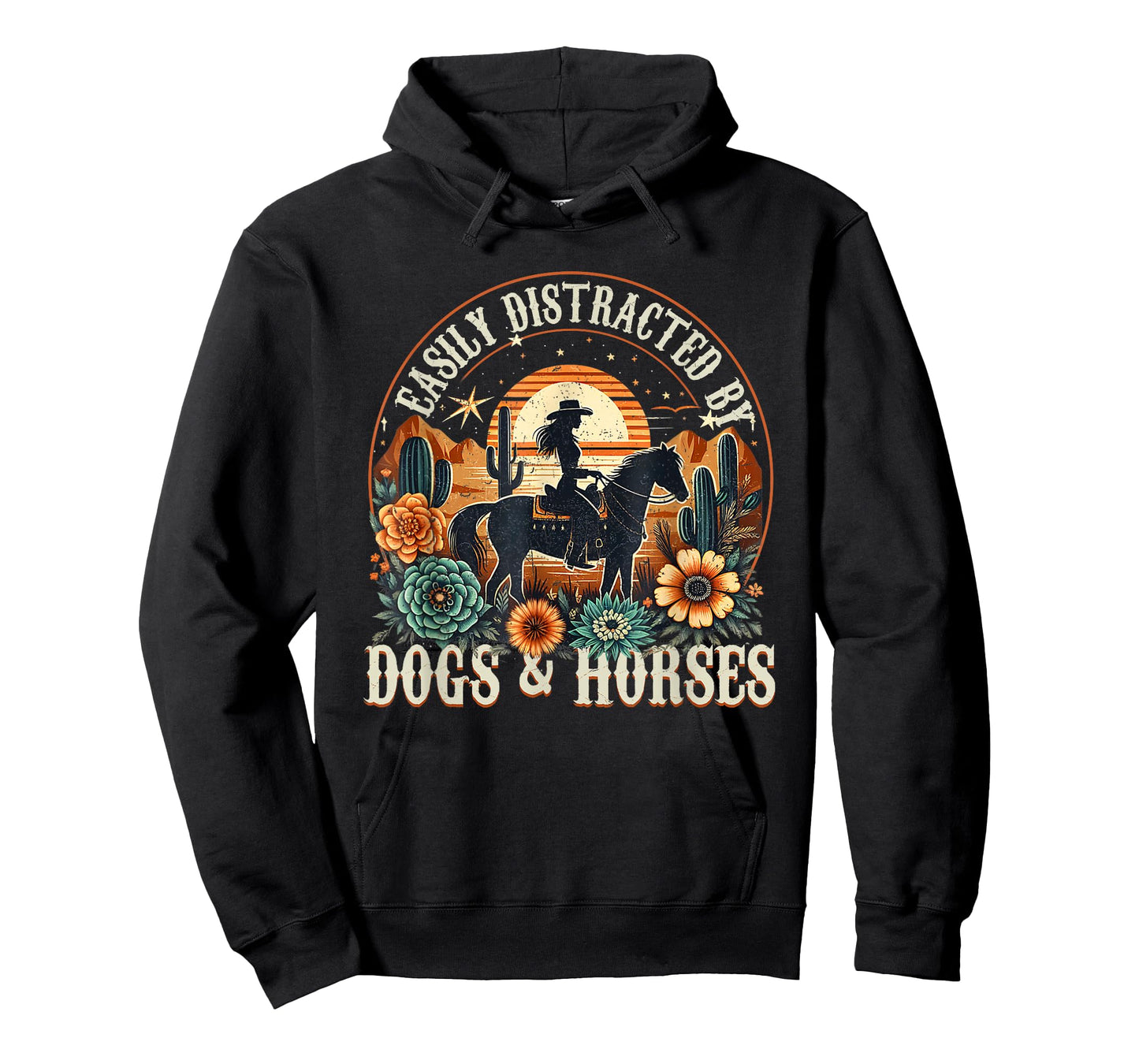 Easily Distracted By Dogs And Horse Funny Horse Retro Sunset T-Shirt