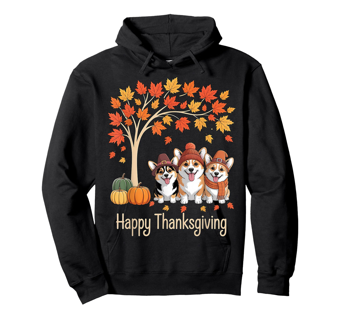 Cute Three Corgi Dogs Pumpkins Fall Tree Happy Thanksgiving T-Shirt