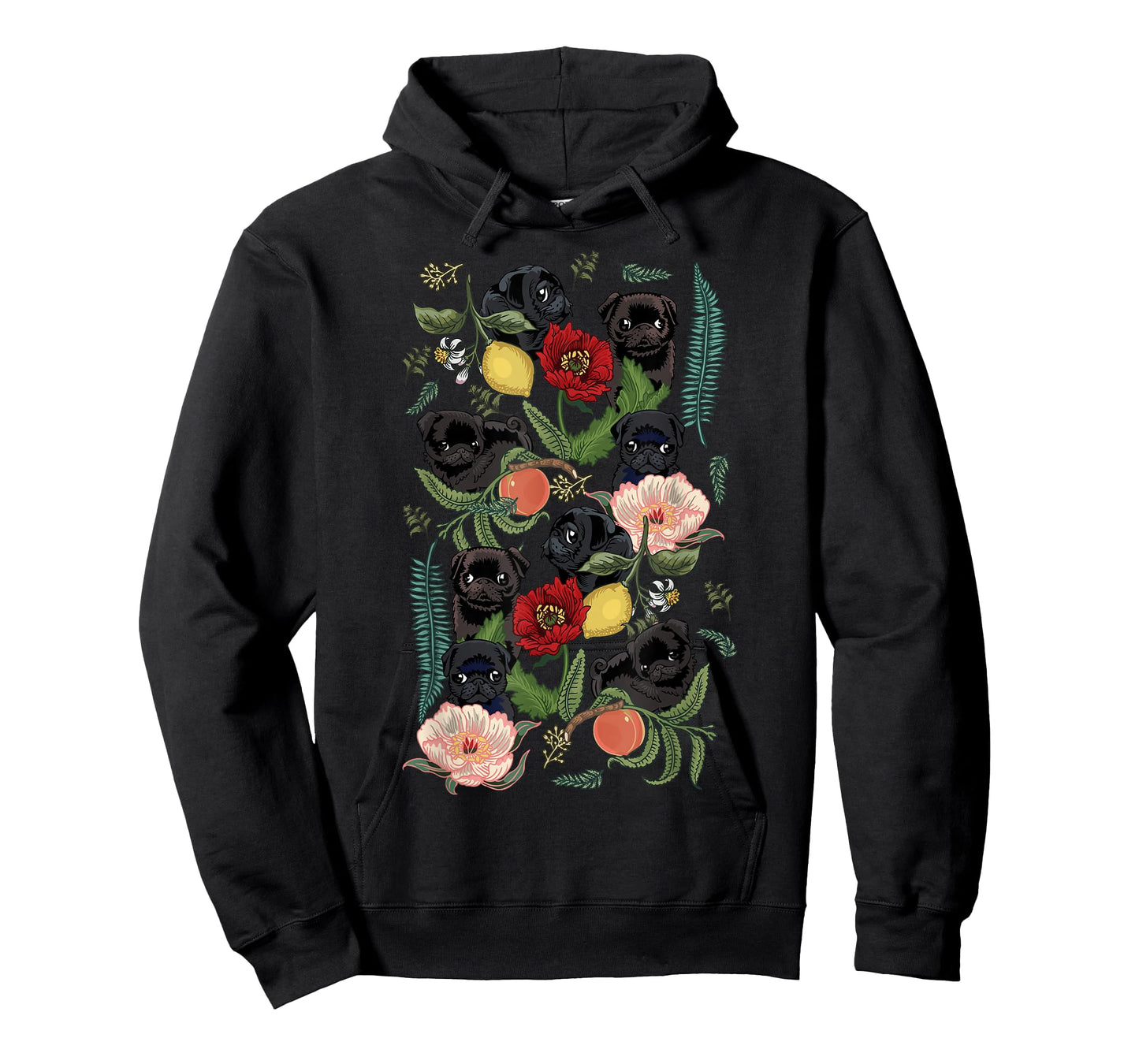 Botanical and Black Pug T- Shirt by Huebucket T-Shirt