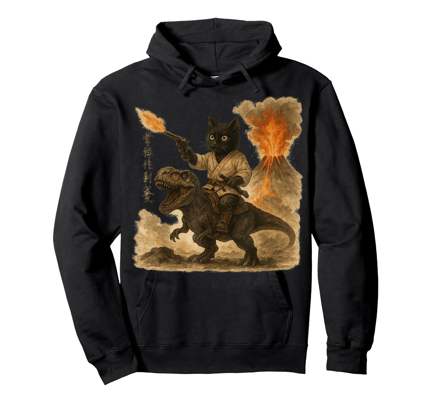Samurai Cat Riding Dinosaur Japanese Black Cat Kanji T-Shirt