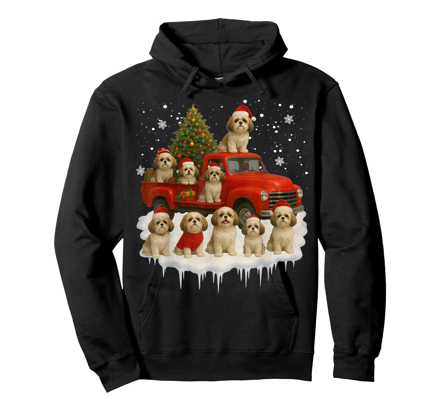 Shih Tzu Dog Red Truck Christmas Tree Santa Ugly Xmas T-Shirt