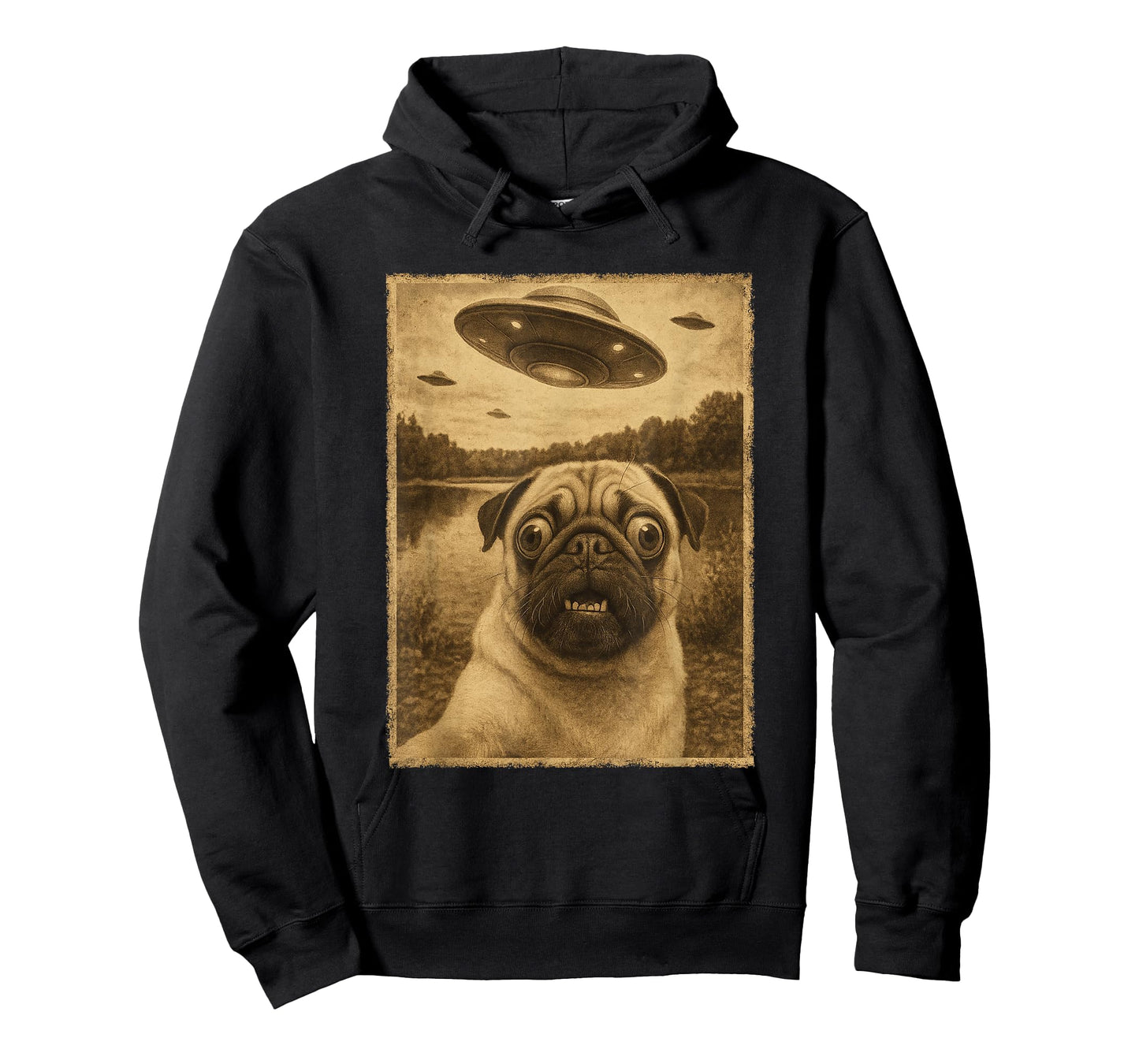 Vintage Pug UFO Encounters - Funny UFO and Pug Selfie T-Shirt