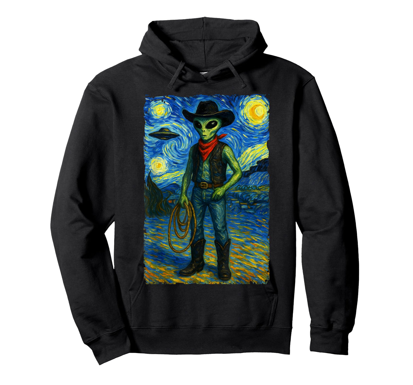 Vintage Starry Night Western Alien Cowboy Van Gogh Graphic T-Shirt