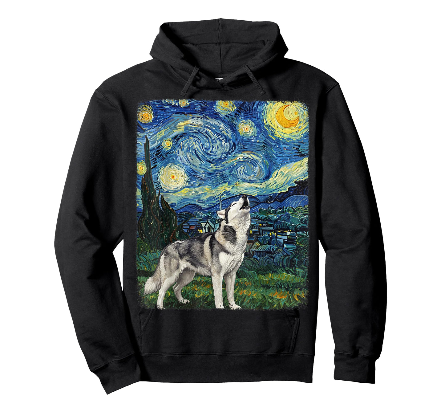Husky Dog Howling At Moon Starry Night Van Gogh Funny T-Shirt