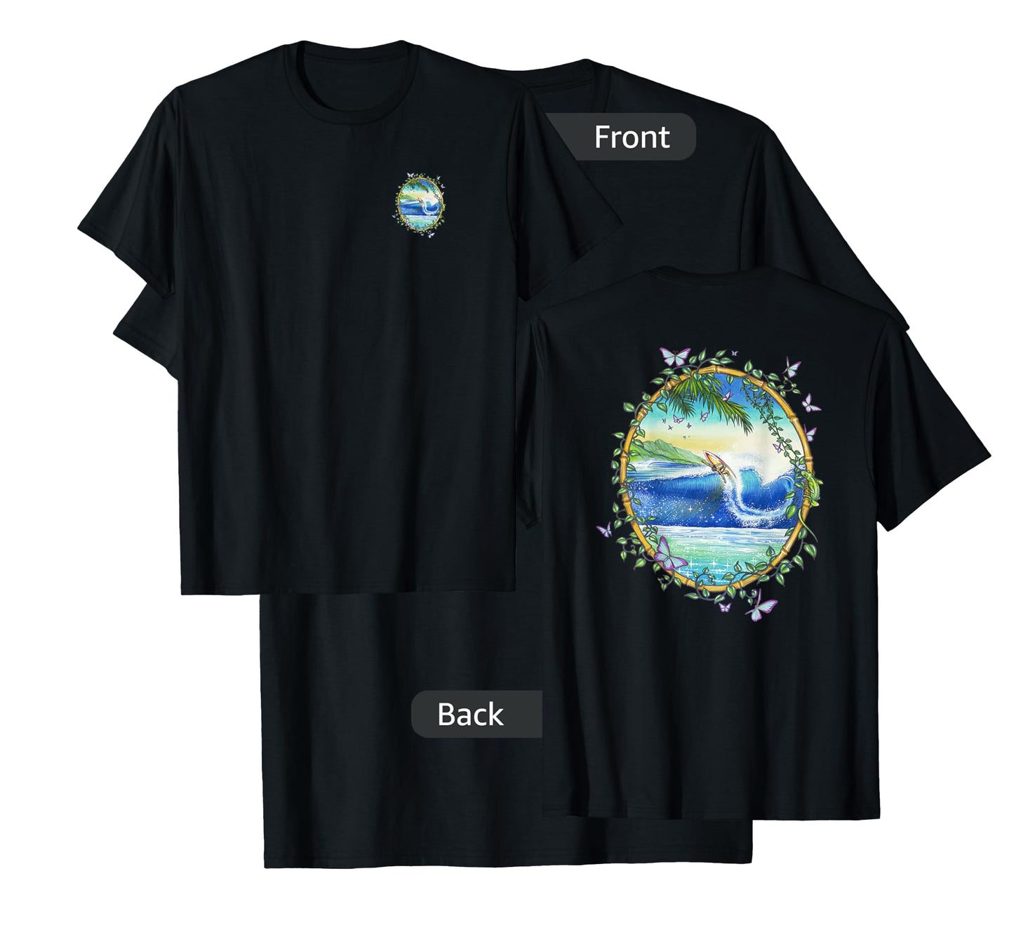 Surfing Front & Back Print Vintage Retro 70's Surf Art T-Shirt