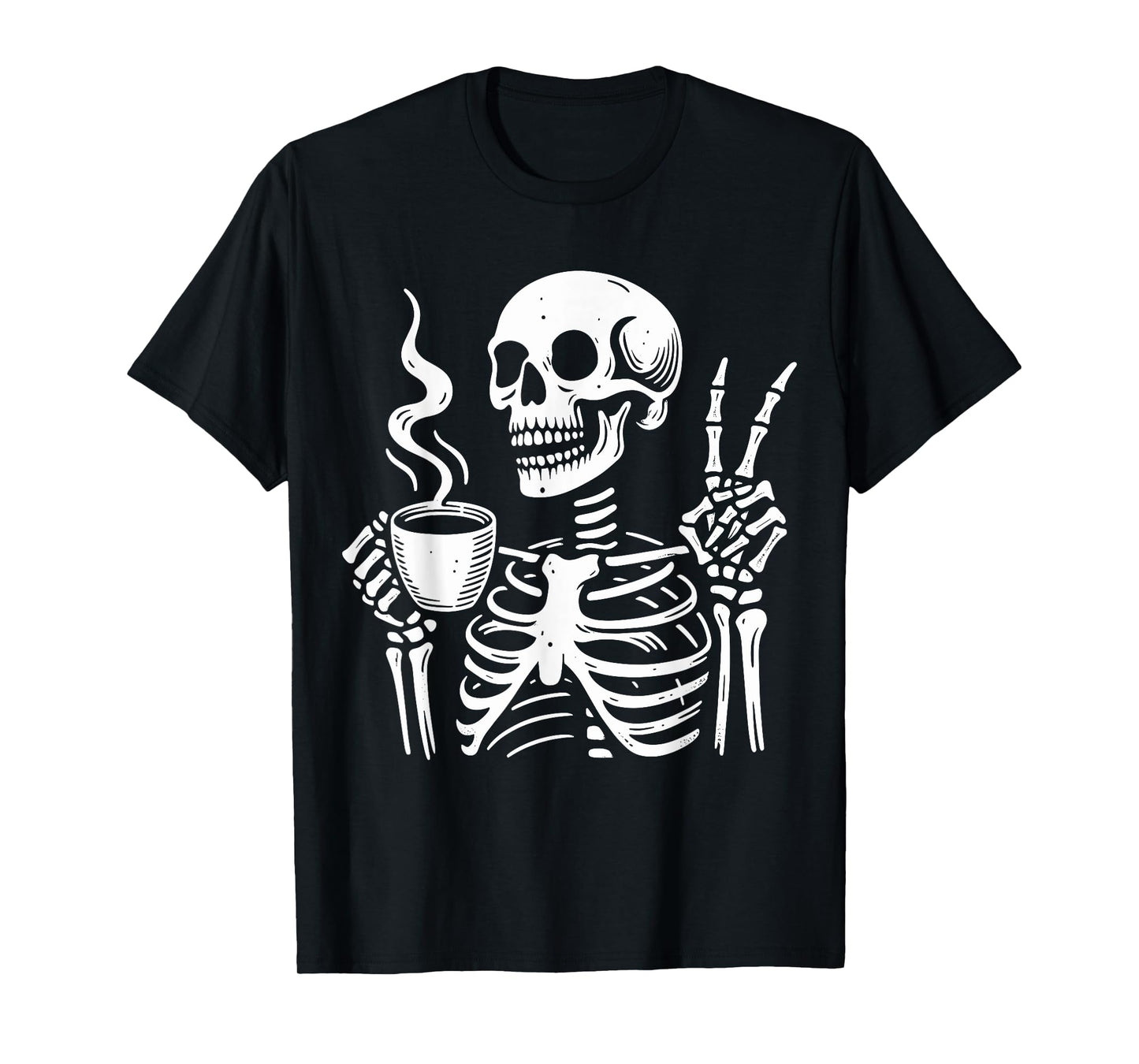 Skeleton Drinking Coffee Gothic Peace Sign Halloween Hippie T-Shirt