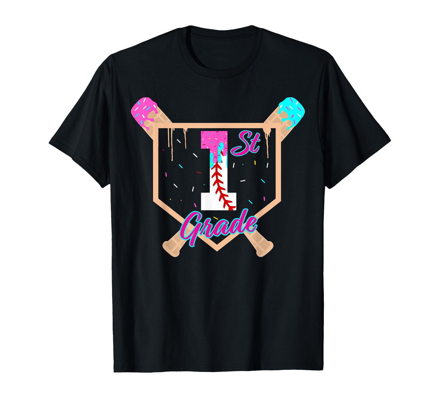 1st Grade Back to School Baseball Ice Cream Drip Home Plate T-Shirt