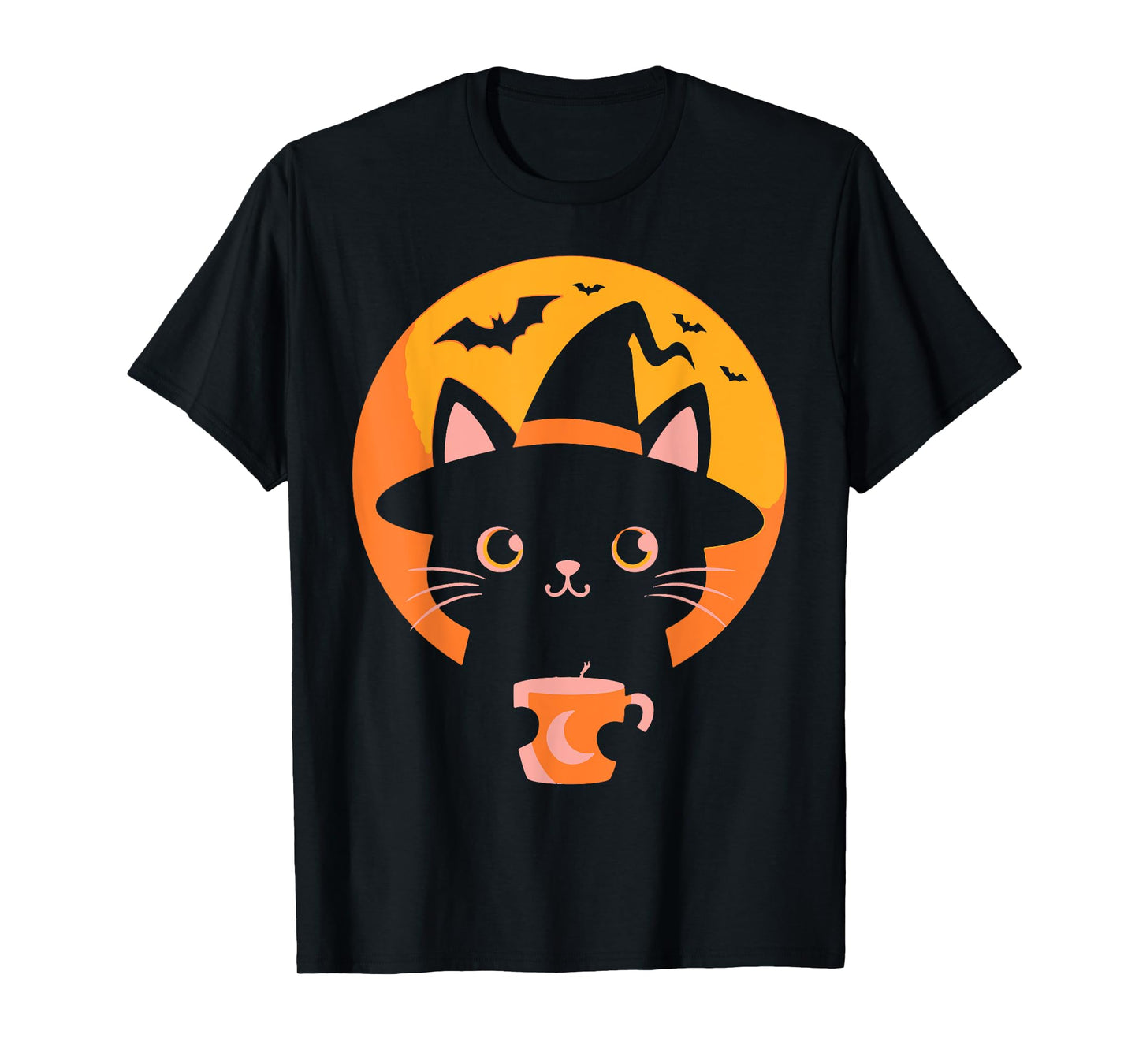 Witch Cat with Halloween Coffee Mug and Flying Bats T-Shirt