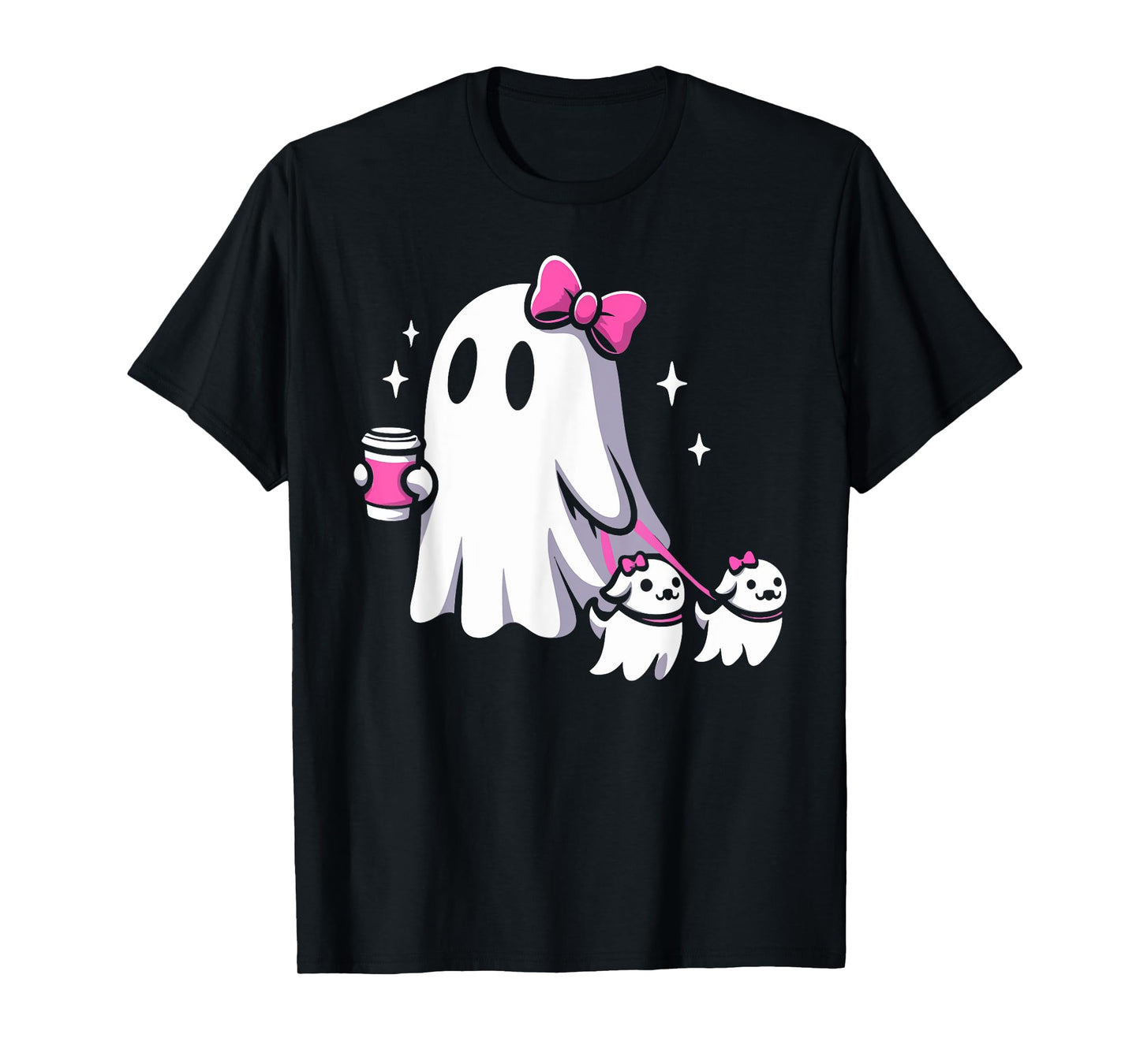 Halloween Cute Ghost Walking Dog Spooky Pink Coquette Ghost Men Women Girls Kids T-Shirt