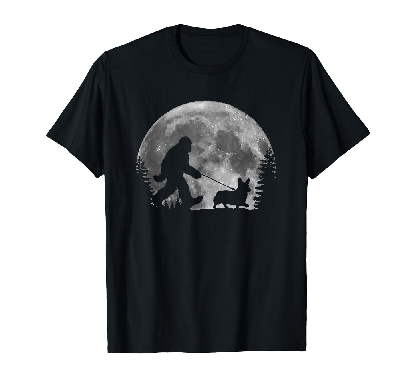 Bigfoot Walking a Dog Funny Corgi Lovers Moon Halloween T-Shirt
