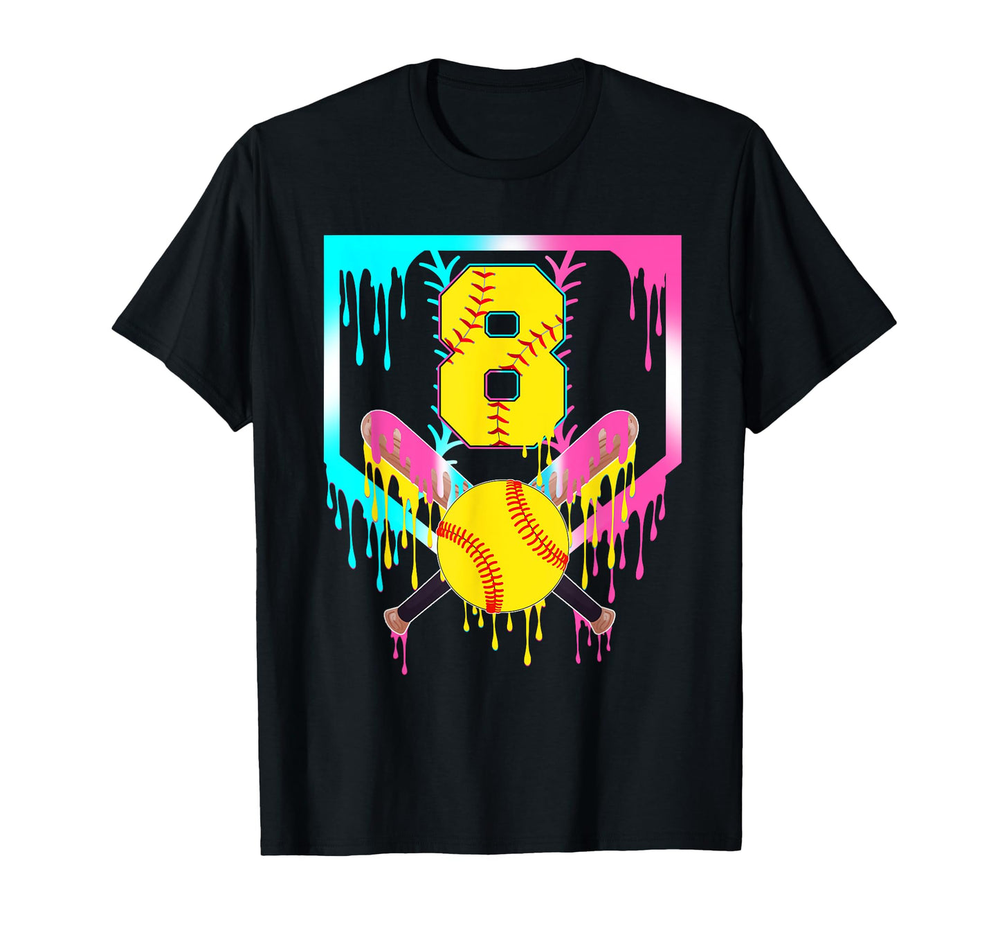 8th Bday Softball Home Plate Drip Ice Cream 8 Year Old T-Shirt