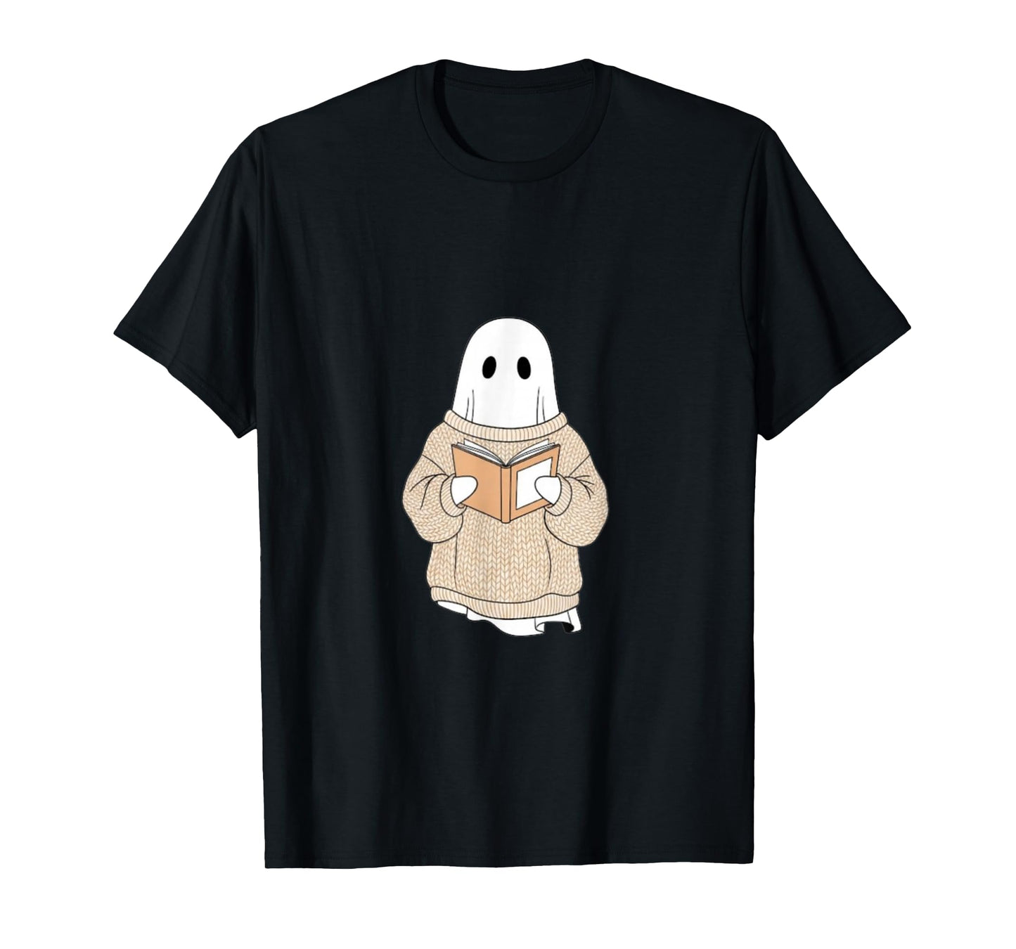 Cute Cozy Ghost Reading a Book, Minimalist Autumn Design T-Shirt