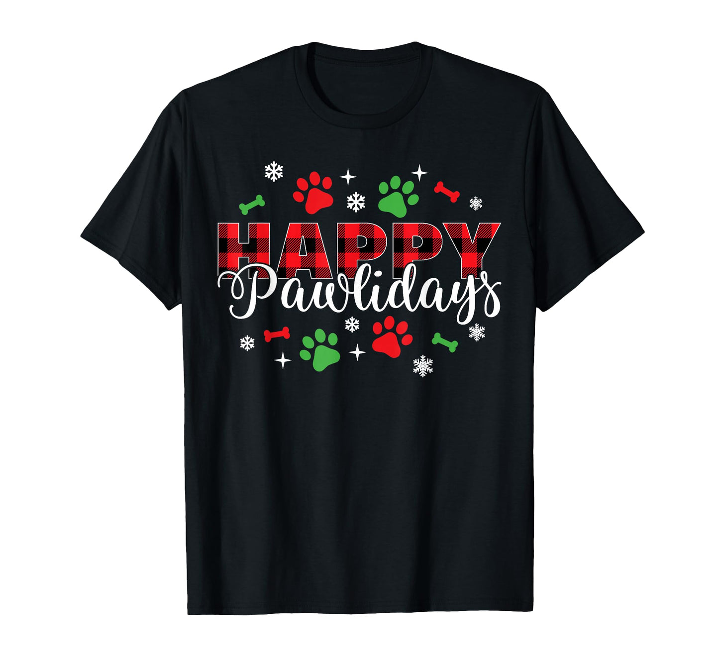 Happy Pawlidays Buffalo Plaid Dog Paws Christmas Holiday T-Shirt