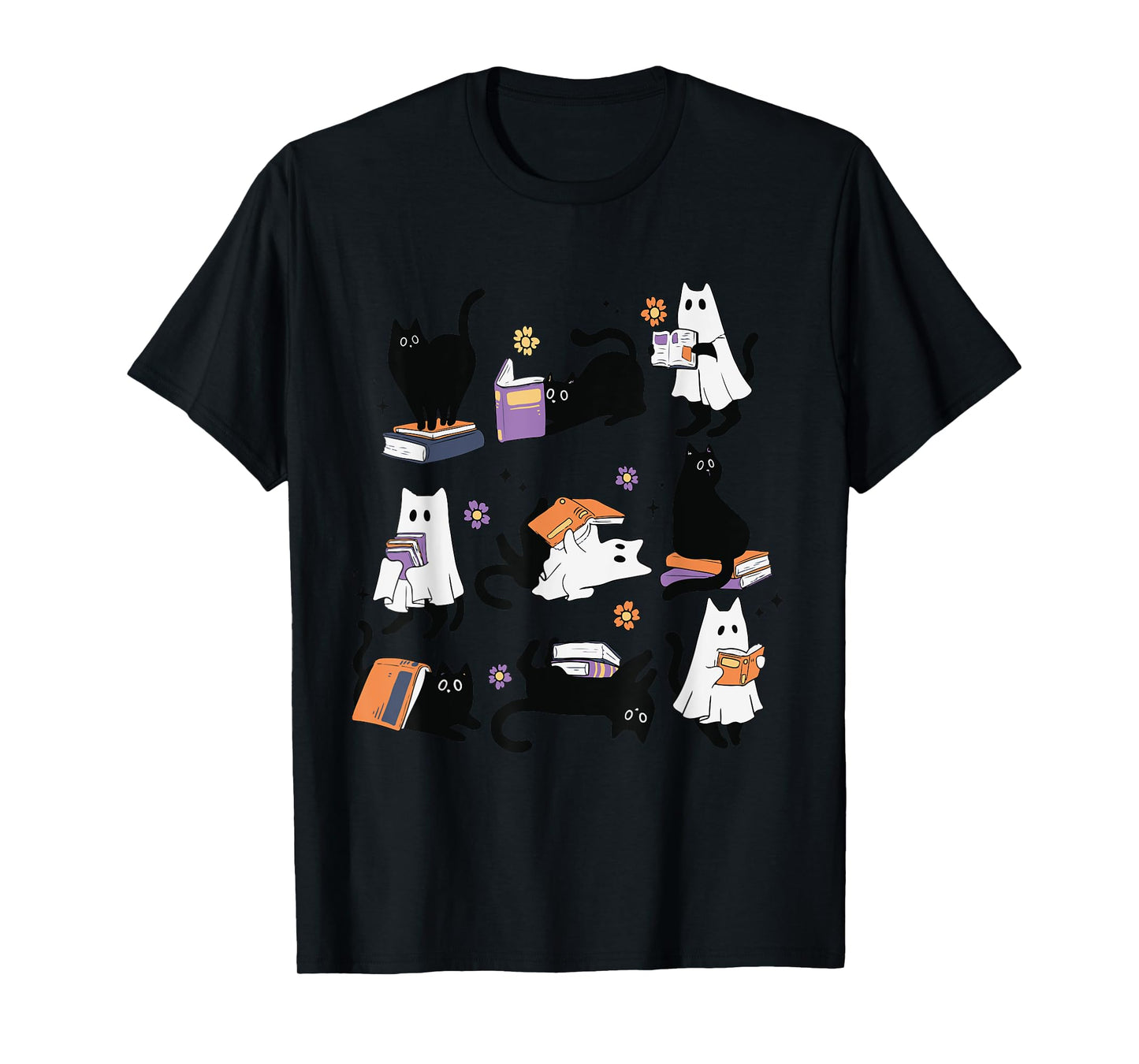 Halloween Ghost Black Cat Reading Book Costume T-Shirt for Men Women Kids