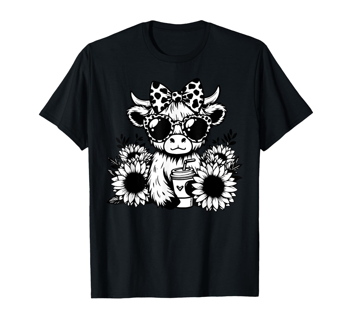 Cute Highland Cow With Sunflower Drink Coffee Heifer Country T-Shirt