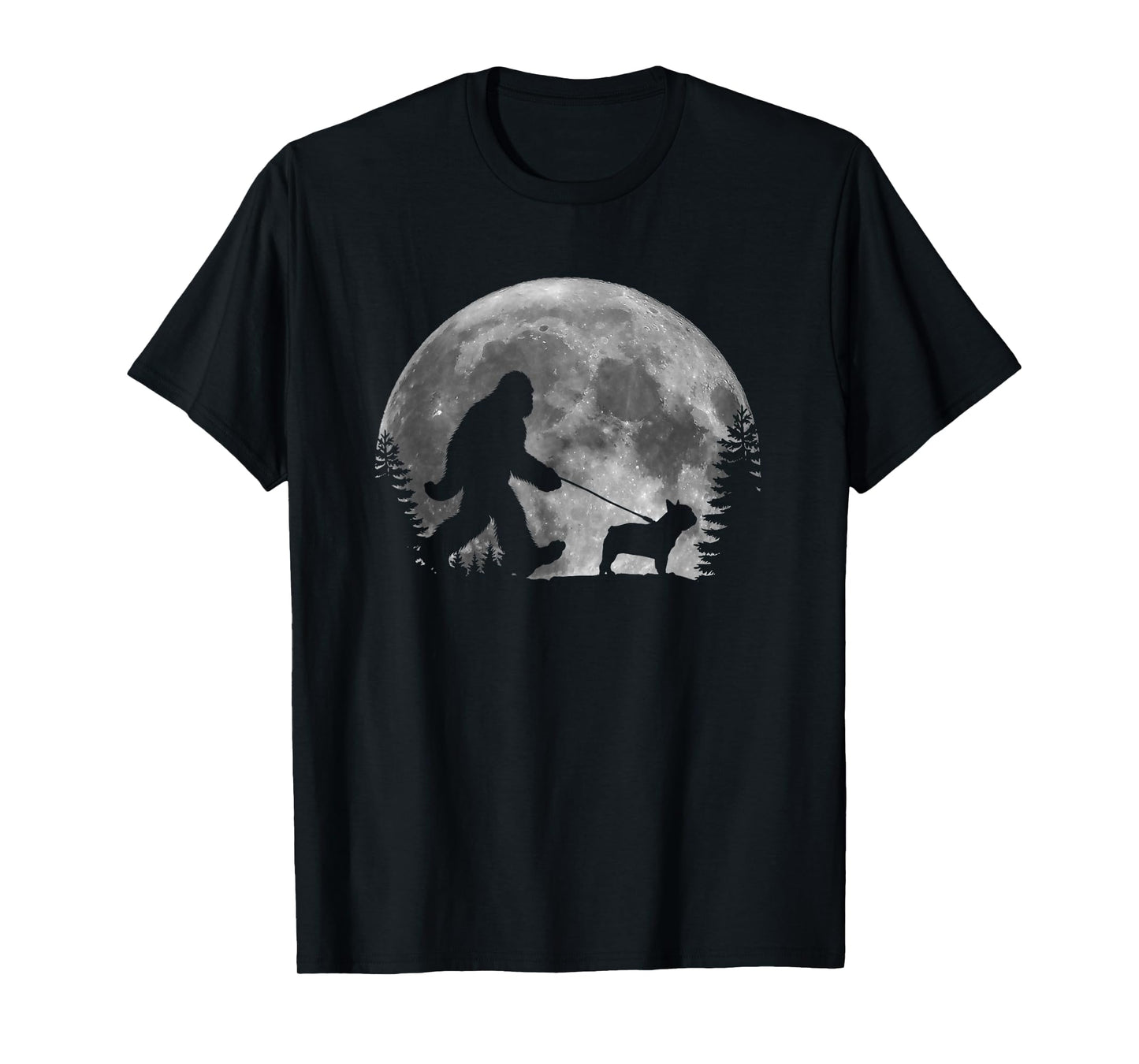 Bigfoot Walking a Dog Funny Frenchie Lovers Moon Halloween T-Shirt
