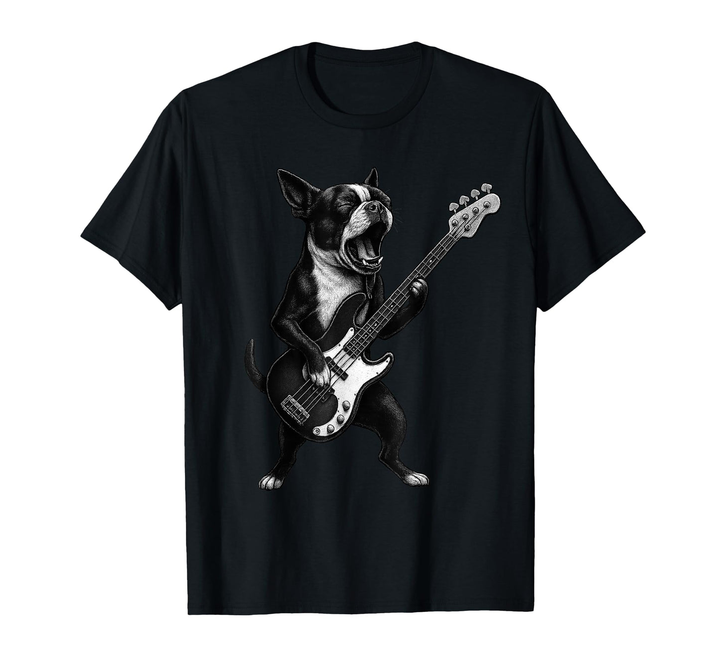 Boston Terrier Playing Bass Guitar Rock Music Dog Lover T-Shirt