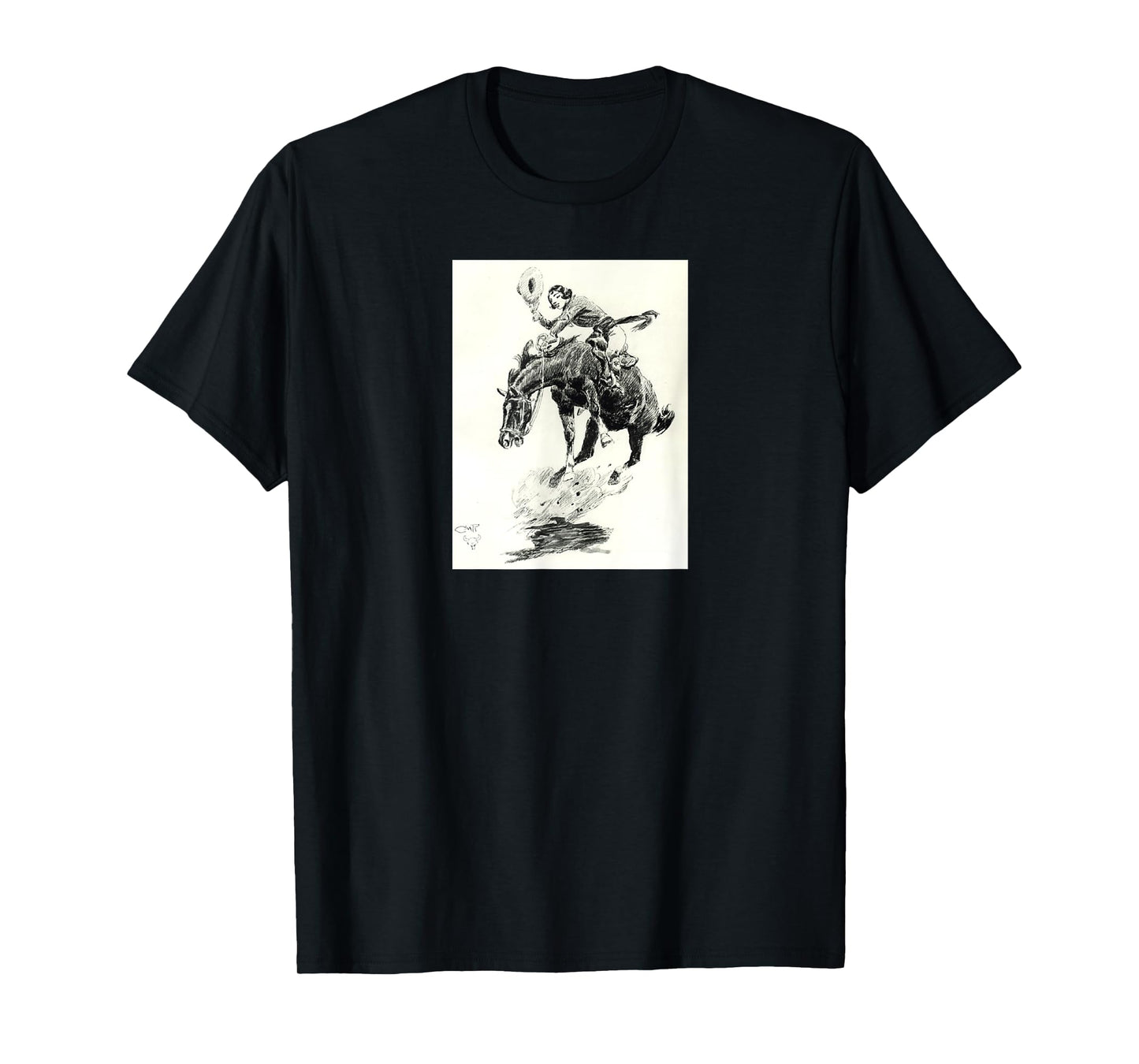AmbiguiTee Art Western T-Shirt - Rodeo Cowgirl Riding Bucking Horse - Black - Small - Short Sleeve - Classic Fit - Cotton 65%, Polyester 35%