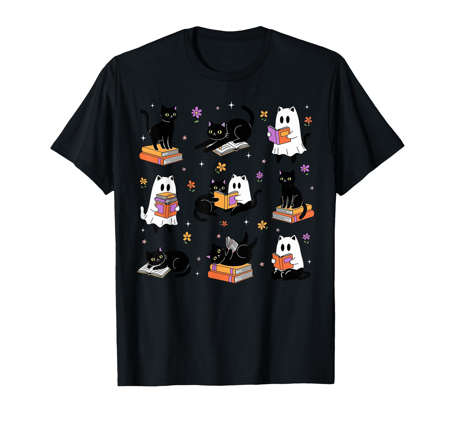Books Lover Bookish Cute Ghost Cat Reading Halloween Spooky Men Women Kids T-Shirt