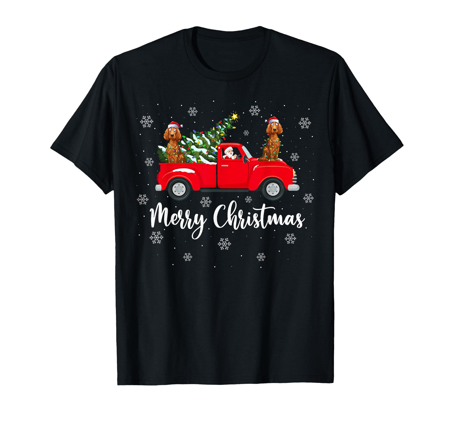 Santa Claus Riding Red Truck Irish Setter Dog Christmas T-Shirt