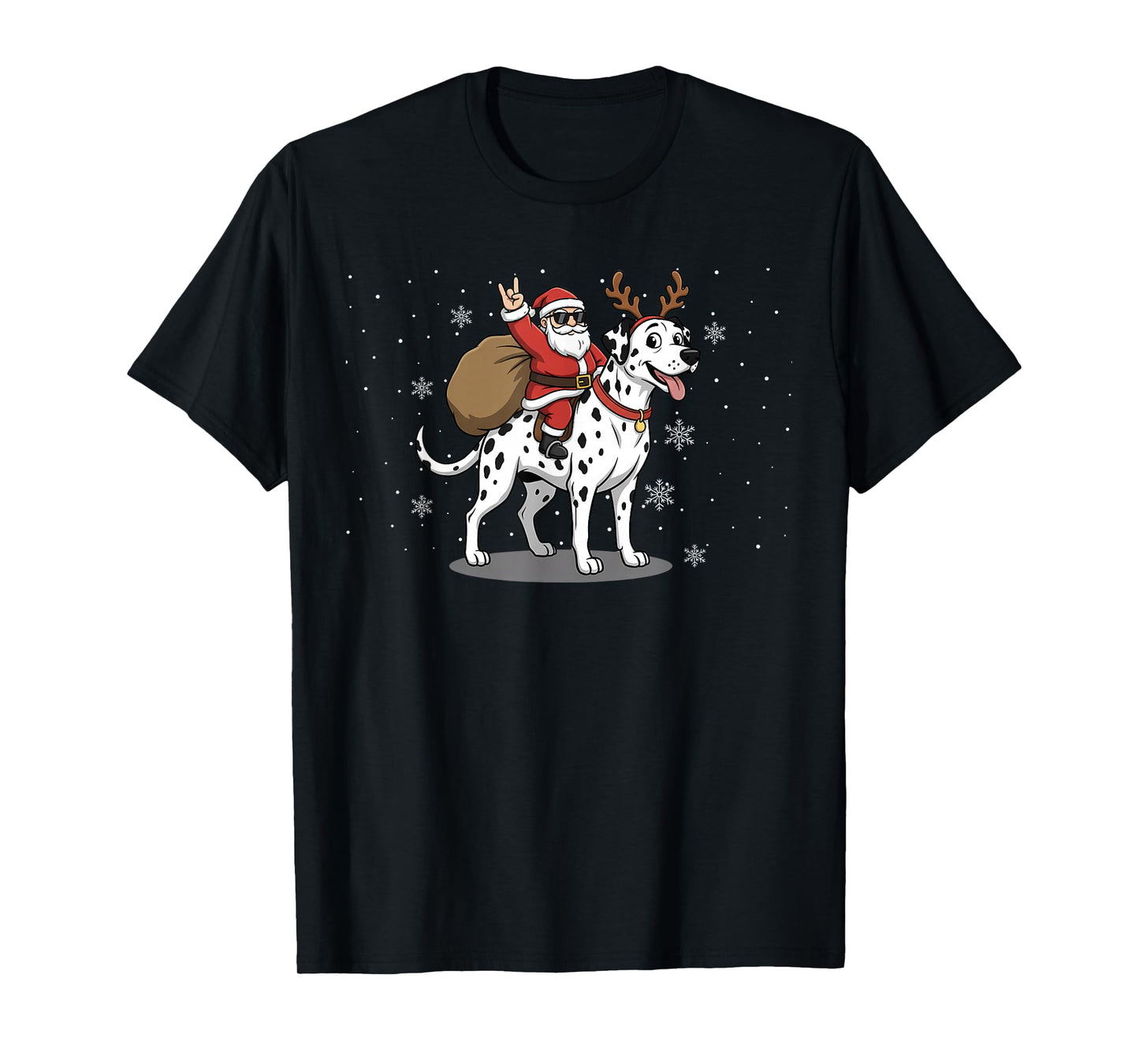 Santa Riding Dalmatian Dog Lover Deer Xmas Kids Women Men T-Shirt