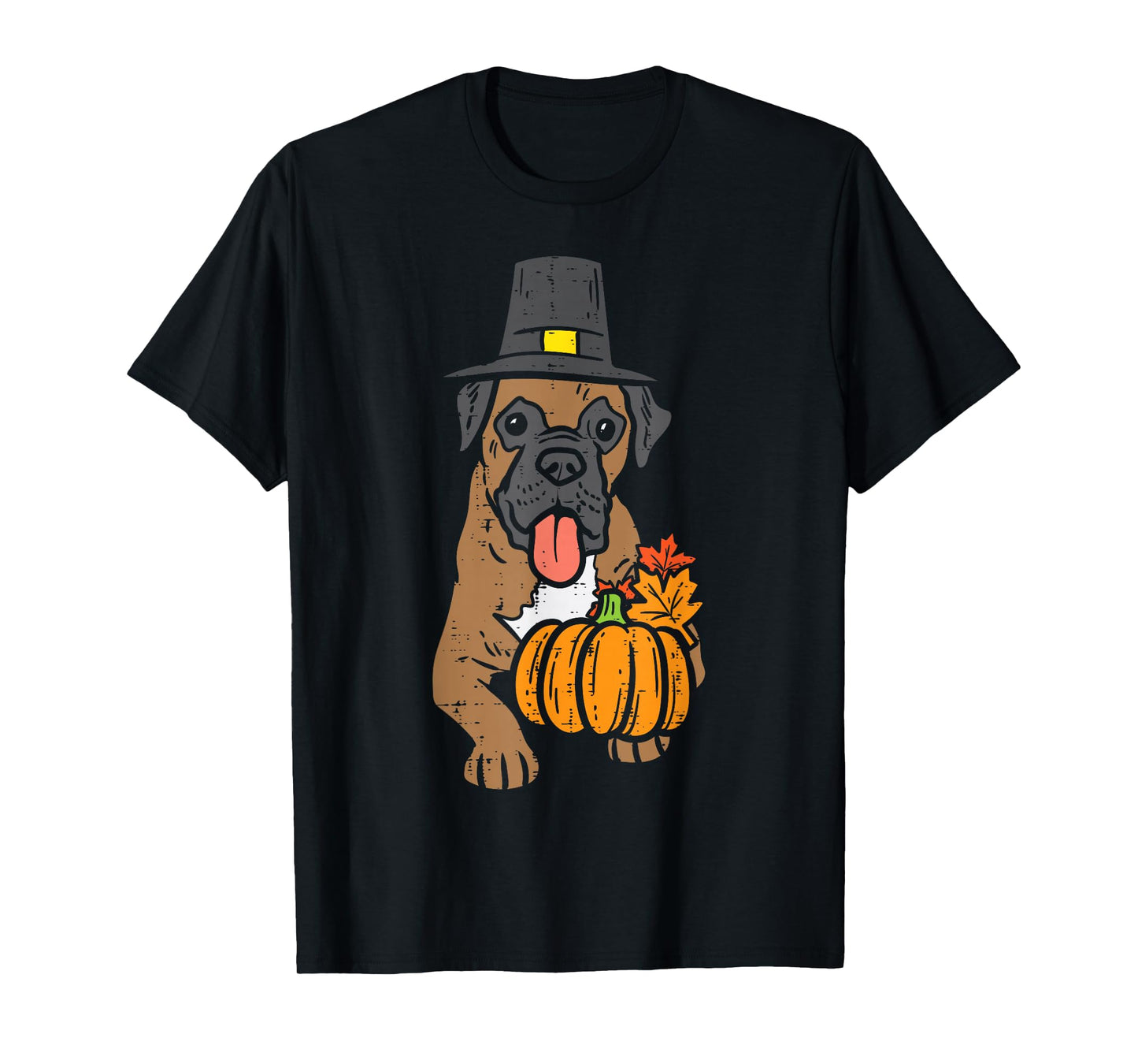 Pilgrim Boxer Pumpkin Leaves Thanksgiving Fall Halloween Dog T-Shirt